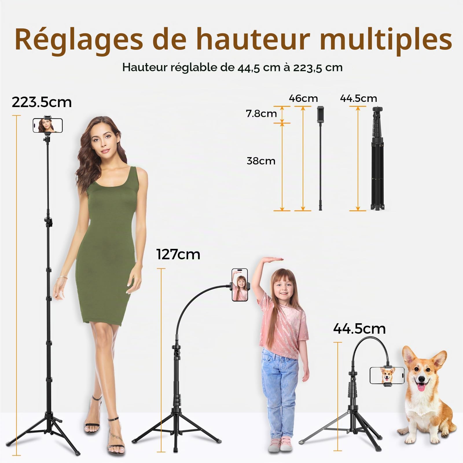 Aureday Trépied portable 223 cm, tuyau flexible 38 cm, rotation 360°, télécommande Bluetooth, compatible iPhone, Android et appareils photo