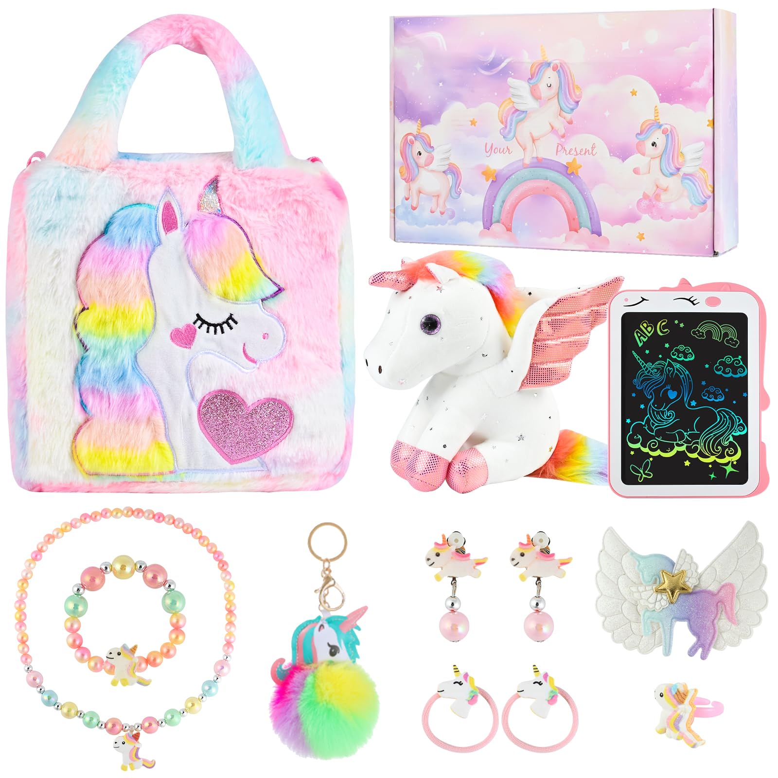 Euakee Unicornio Niña Regalo para 4 5 6 7 8 9 10 Años, Unicornio Juguete Regalos Cumpleaños, Muñeca Unicornio, Tableta Unicornio, Set de Joyas, Bolsa de Peluche, Colgante de peluche (Colorido)