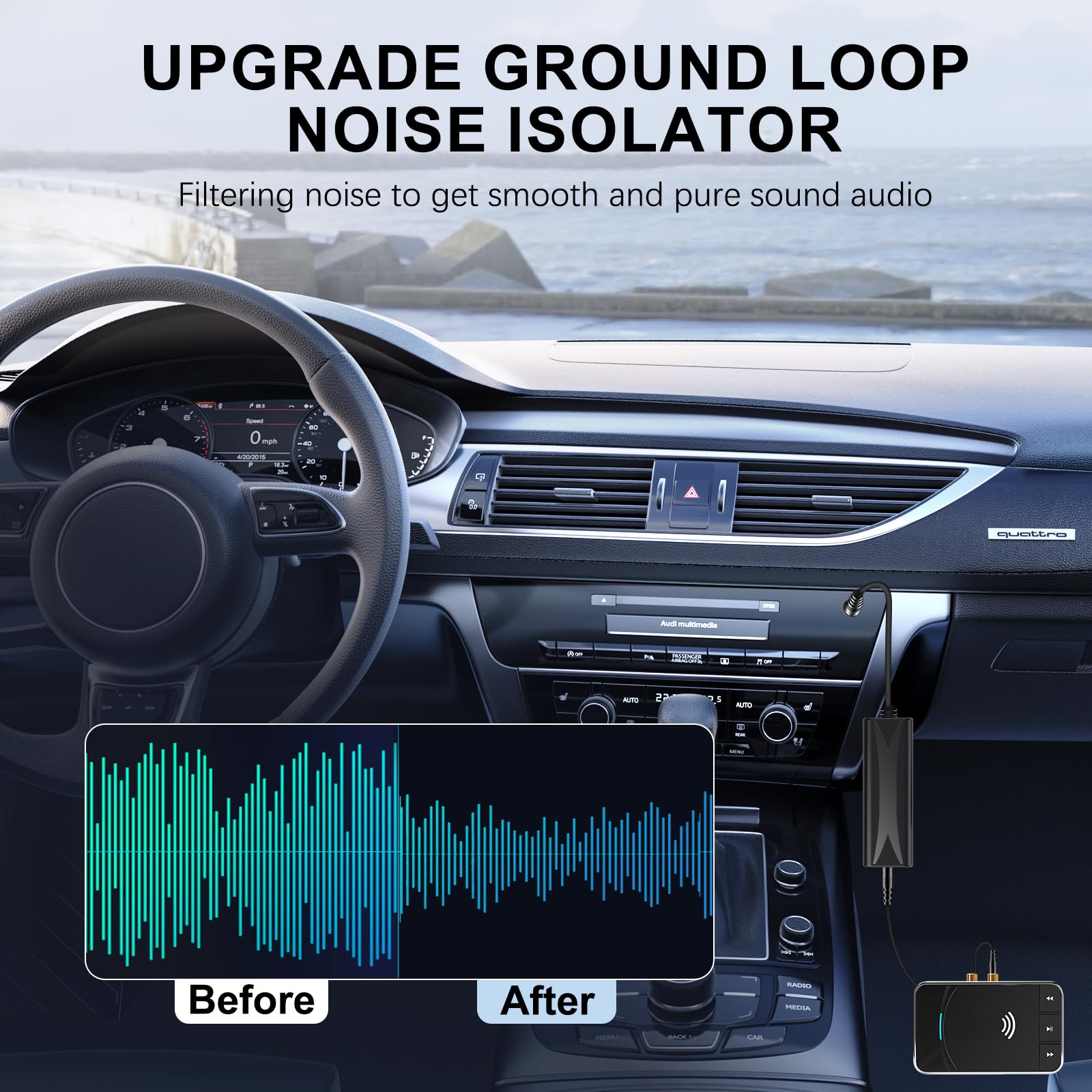 Aislamiento de ruido de bucle de tierra mejorado, filtro de ruido de zumbidos con cable de audio de 3.5 mm para sistema estéreo de audio de coche/hogar (elimina el ruido de zumbido), color negro