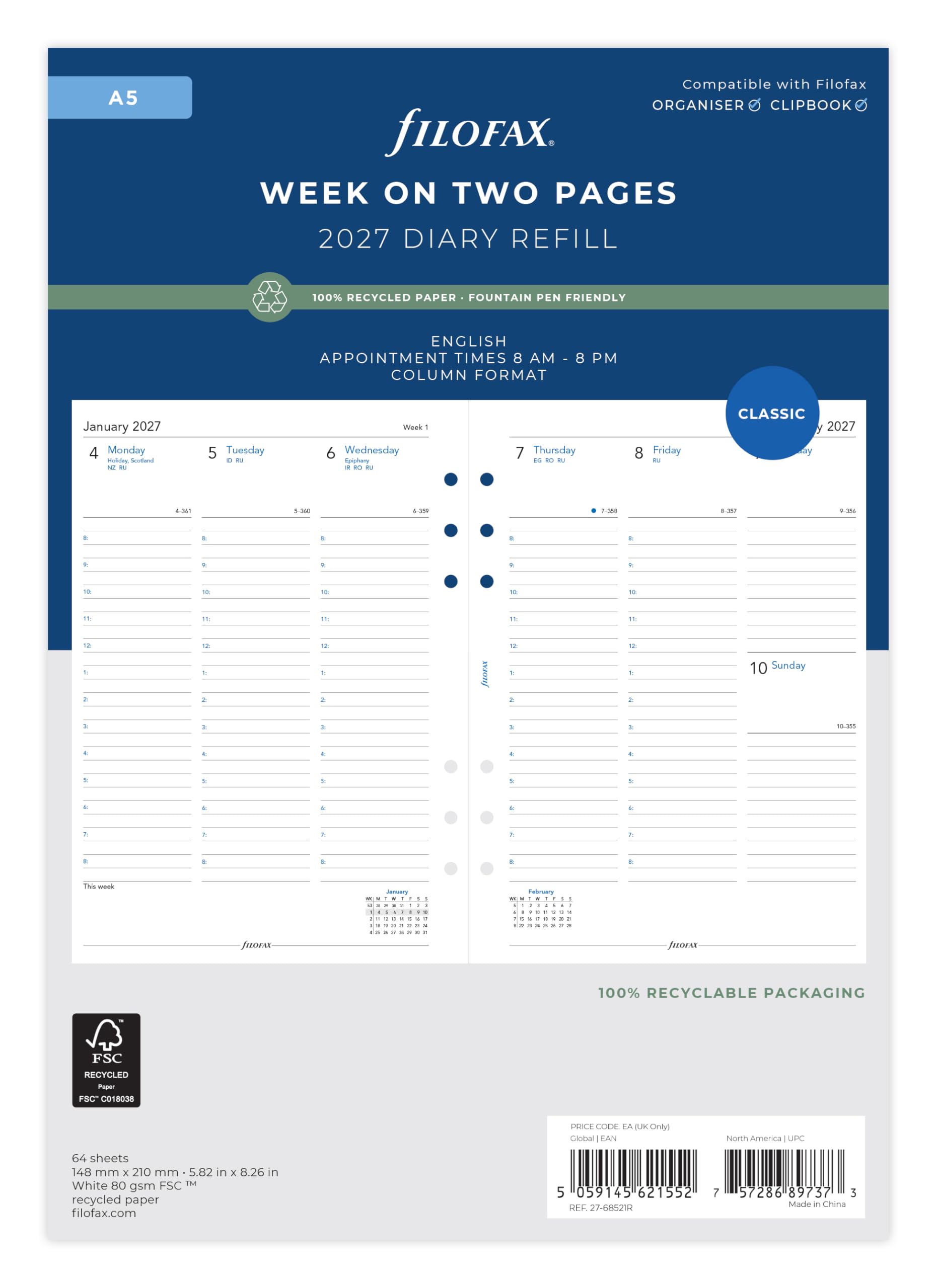 Filofax A5 Week on two pages column format English Recycled paper 2027 diary 27-68521R