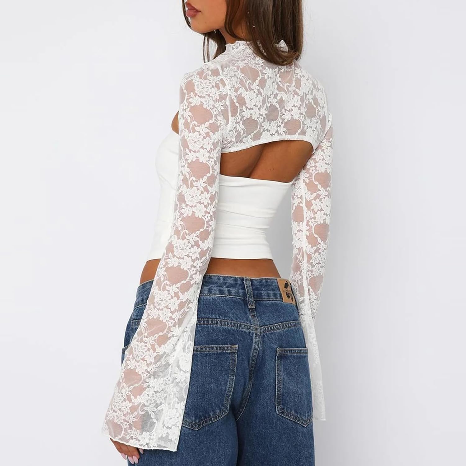Women Y2K Sexy Outfit for Going Out Sheer Mesh Lace Shrug and Strapless Crop Top - Image 3