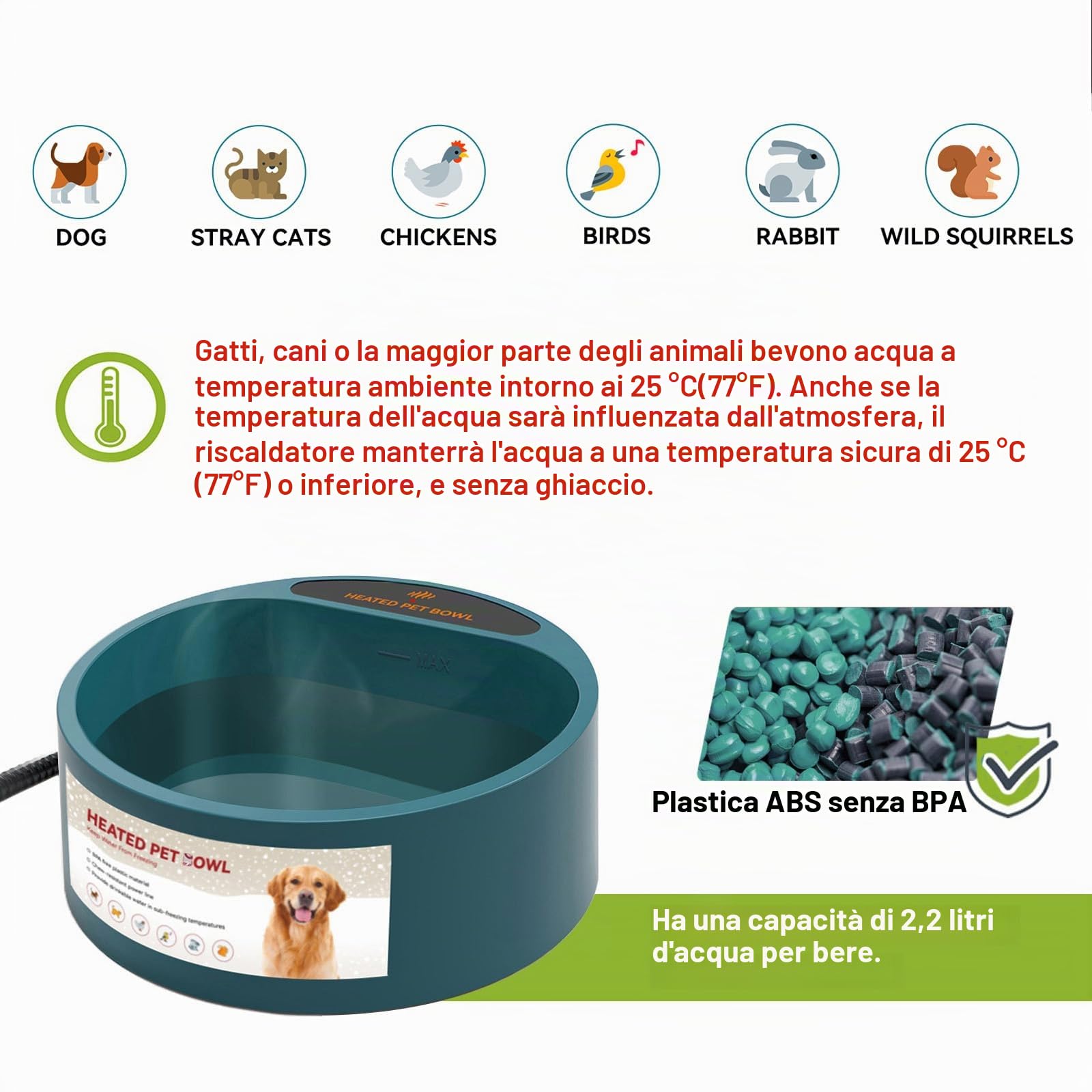 Enjoying Ciotola riscaldata per animali domestici, controllo intellettuale della temperatura, 2,2 l, ciotola riscaldata per cani, gatti, polli