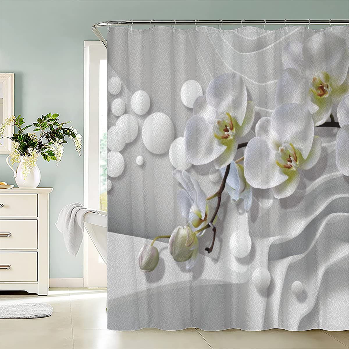 Duschvorhang 180x180 Weisse Orchidee Duschvorhänge Anti-Schimmel Anti-Bakteriell Curtains,Blumen Waschbar Badewanne Vorhang Polyester Stoff mit 12 Duschvorhangringen Schöner Druck