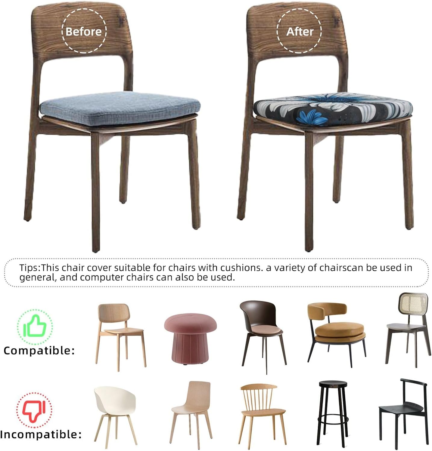 White Blue Daisy Print Square Cushion Covers 6 Pcs Set Elastic Non-Slip Seat Cushion Slipcovers Pet Furniture Protectors for Chair, Sofa