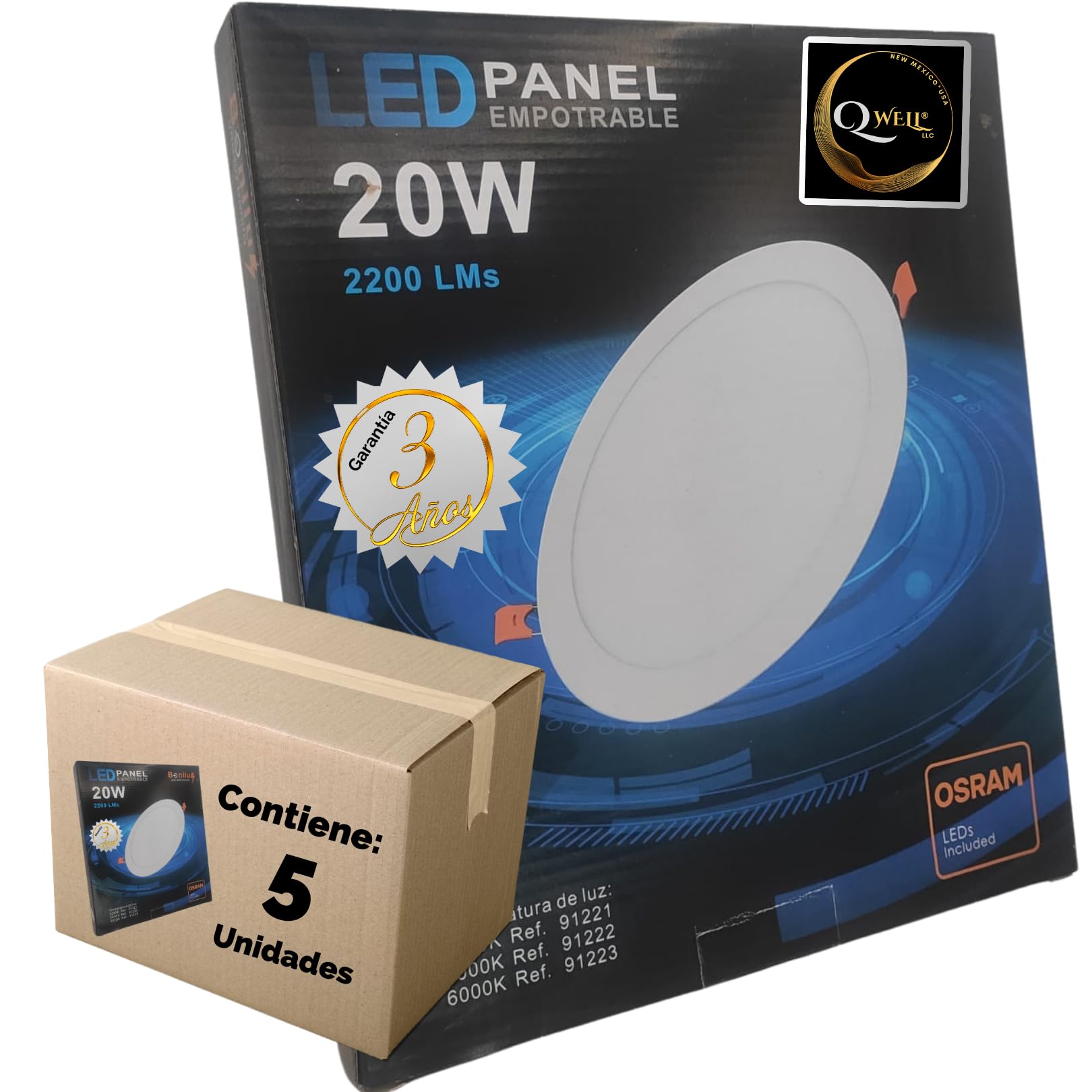QWell® - 5 X Panel Downlight LED Redondo 20W | 20 cm. | 2200 LM 6000K | Extraplano Empotrar en Techo | Eficiencia Energética Clase B | Vida útil 50,000 Hrs | Driver Incluido