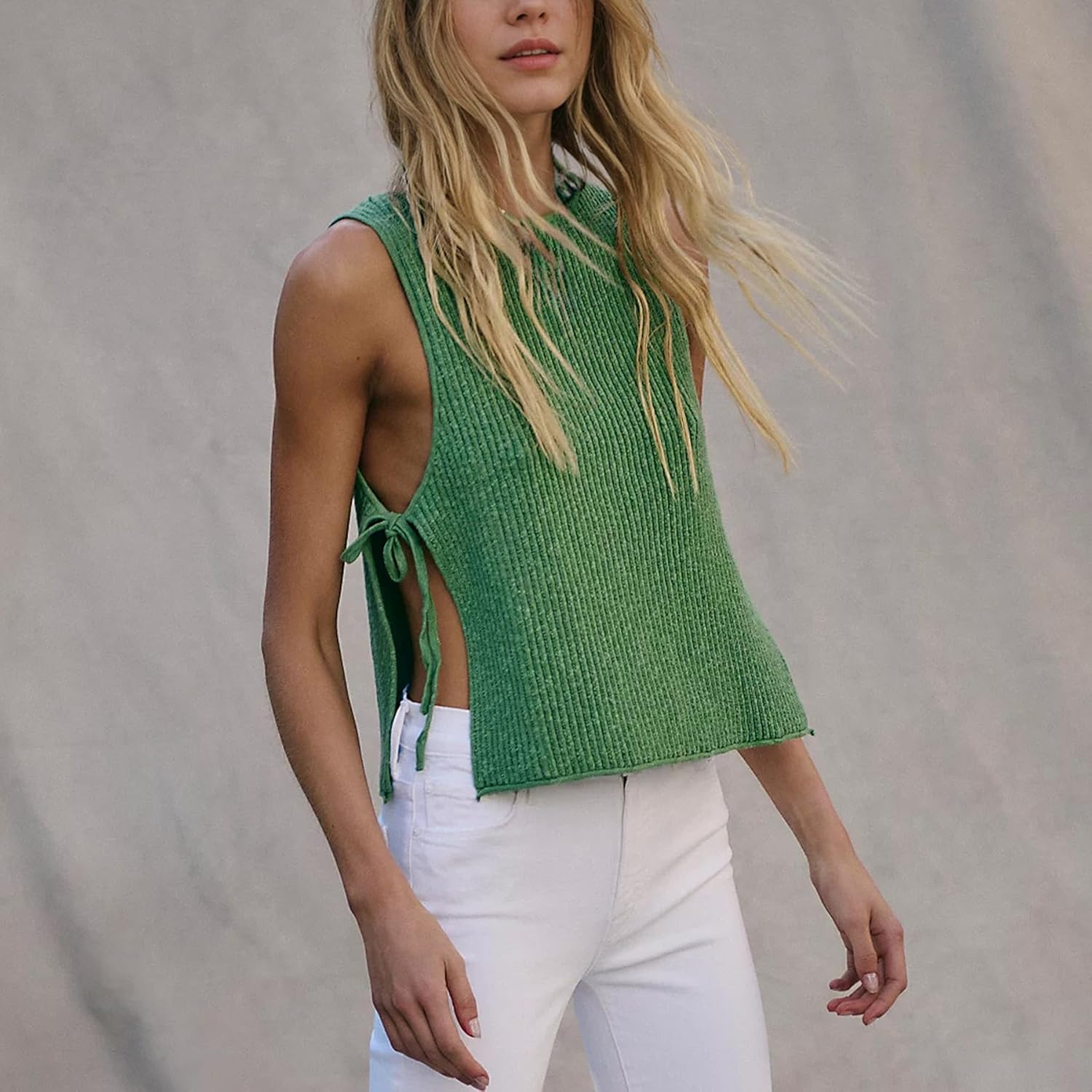 Ainangua Casual Sleeveless Sweater Vest for Women Summer Tie Side Split Knit Tank Tops Lightweight Beach Vacation Outfits