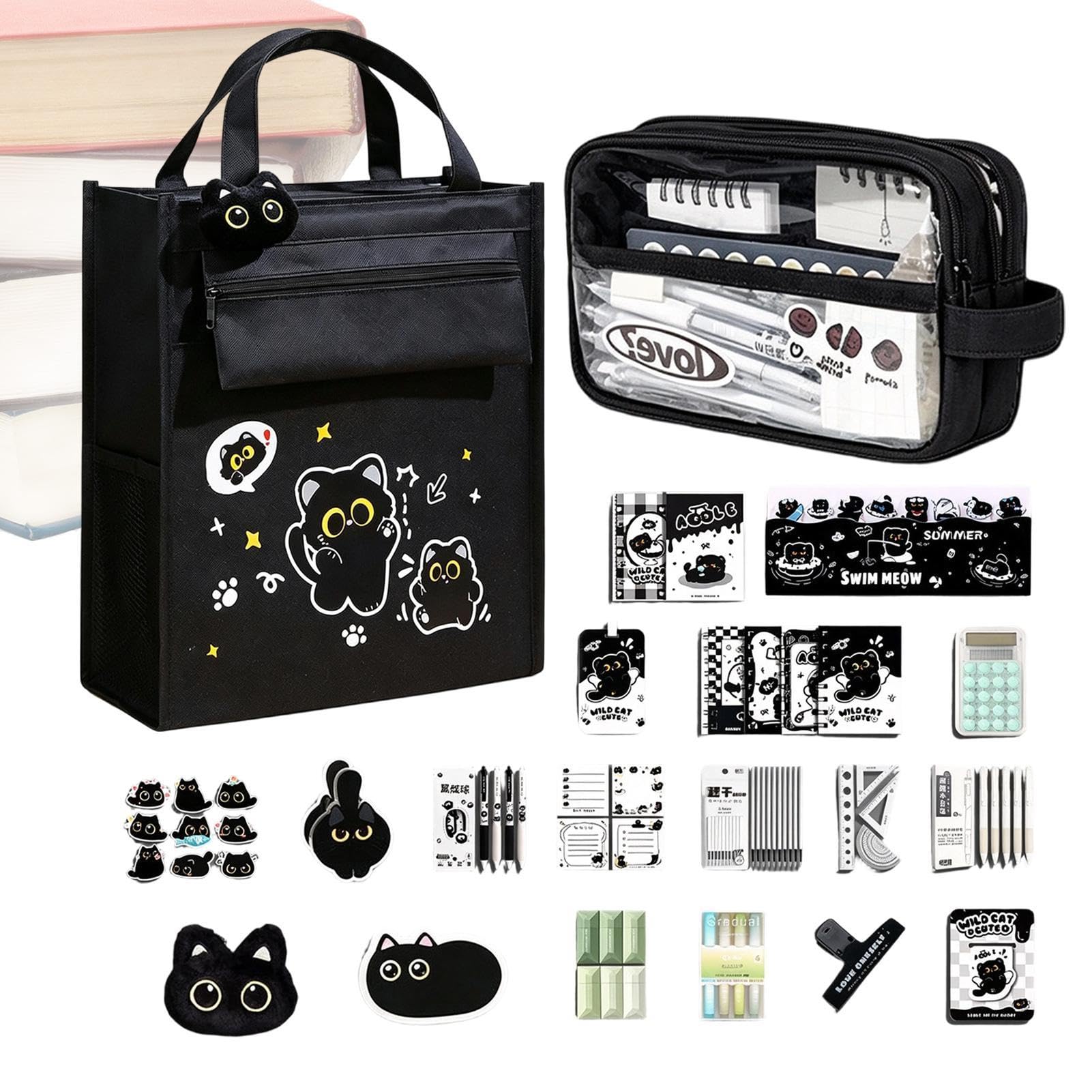 Set Di Cancelleria Kit Organizer Per Cancelleria Gatto Nero Grande Capacità | Set Astuccio Portamatite Per Bambini Per Ragazzi Ragazze Adolescenti Insegnanti Donne Casa Aula Dormitorio Università