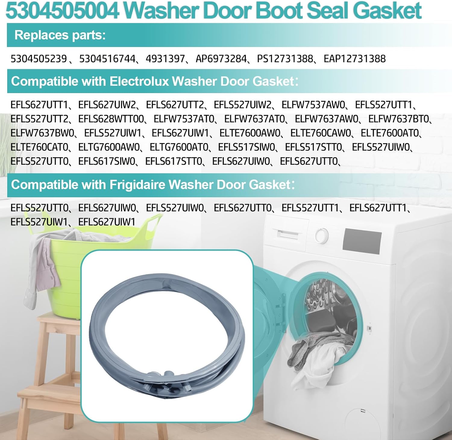 5304505004 Washer Door Boot Seal Gasket Replacement Parts 5304505239 5304516744 Compatible With Electrolux Washer Door Gasket 4931397 AP6973284 PS12731388 EAP12731388
