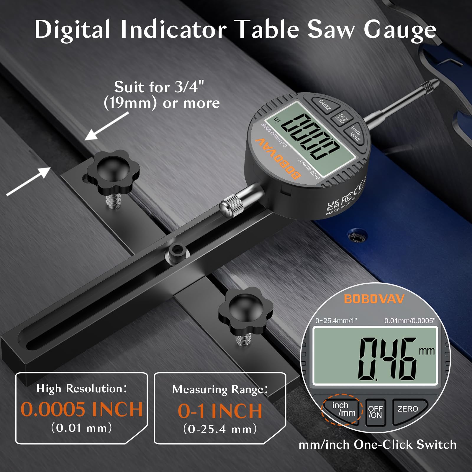 Medidor de alineación de sierra de mesa con indicador de esfera digital de 0.0005 pulgadas, varilla de 18 cm, se adapta a 19 mm + con ajuste de tornillo, barra de aluminio mecanizado CNC