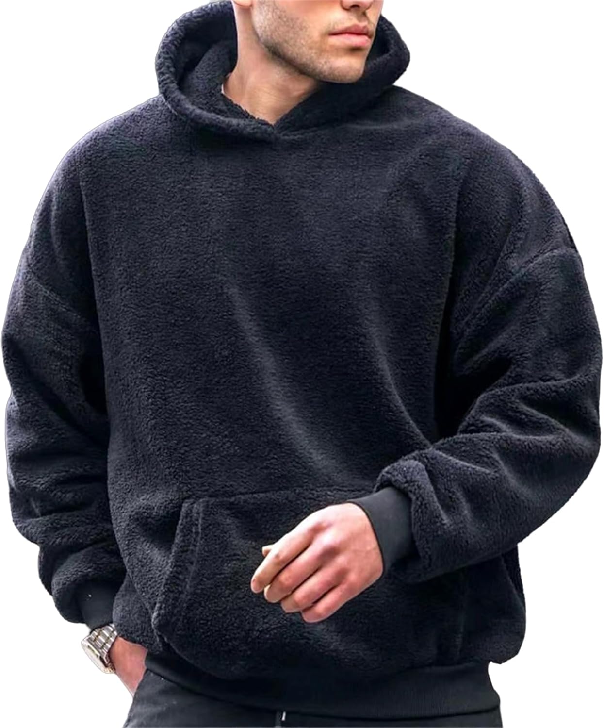 Men's Fuzzy Sherpa Hoodies Comfy Fleece Pullovers Long Sleeve Overwear with Pockets for Winter Fall Outwear