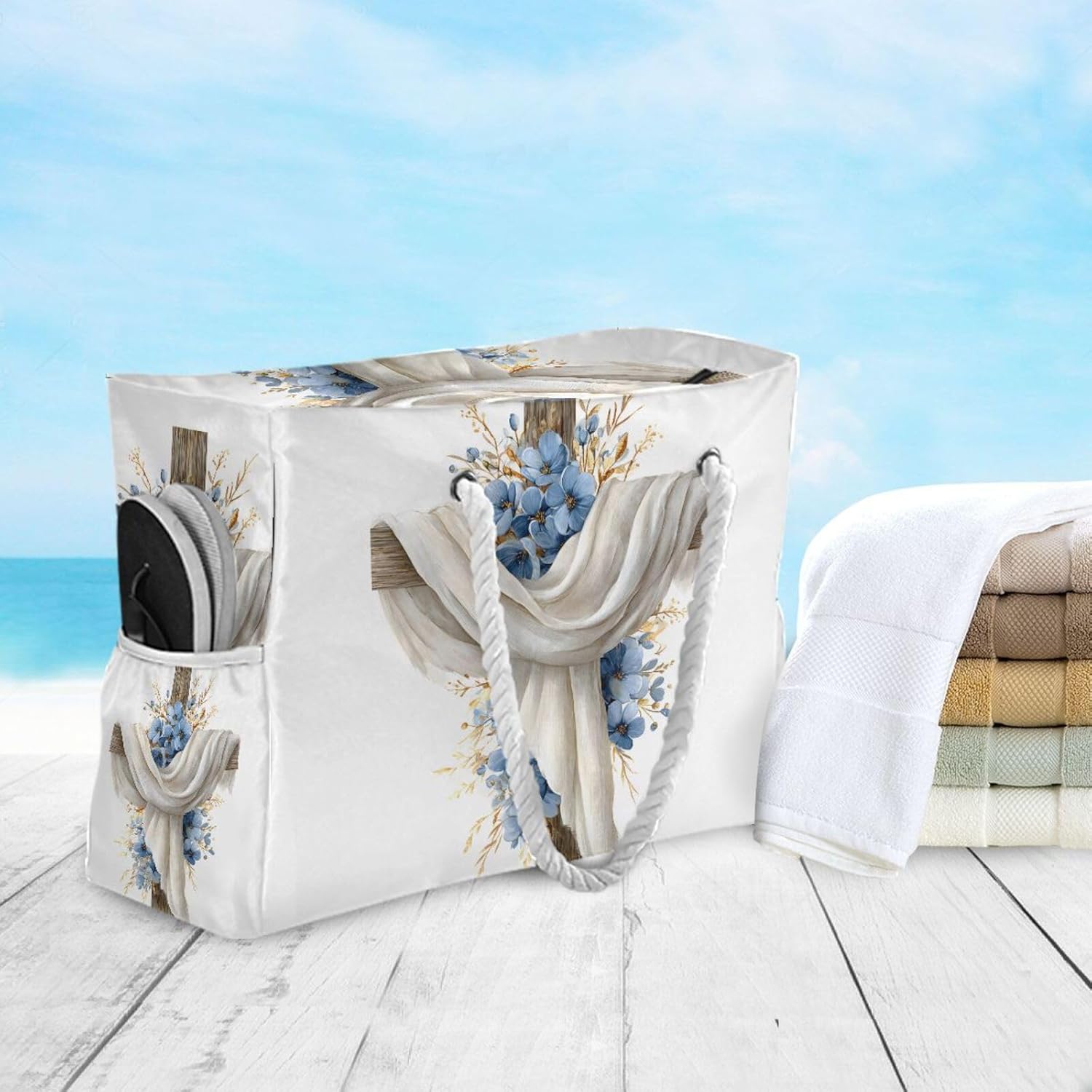 OTVEE Wooden Cross with Blue Flowers Beach Bags for Women Ladies Large Canvas Tote Shoulder Bag Waterproof Travel Bags for Gym Swim Pool Camping