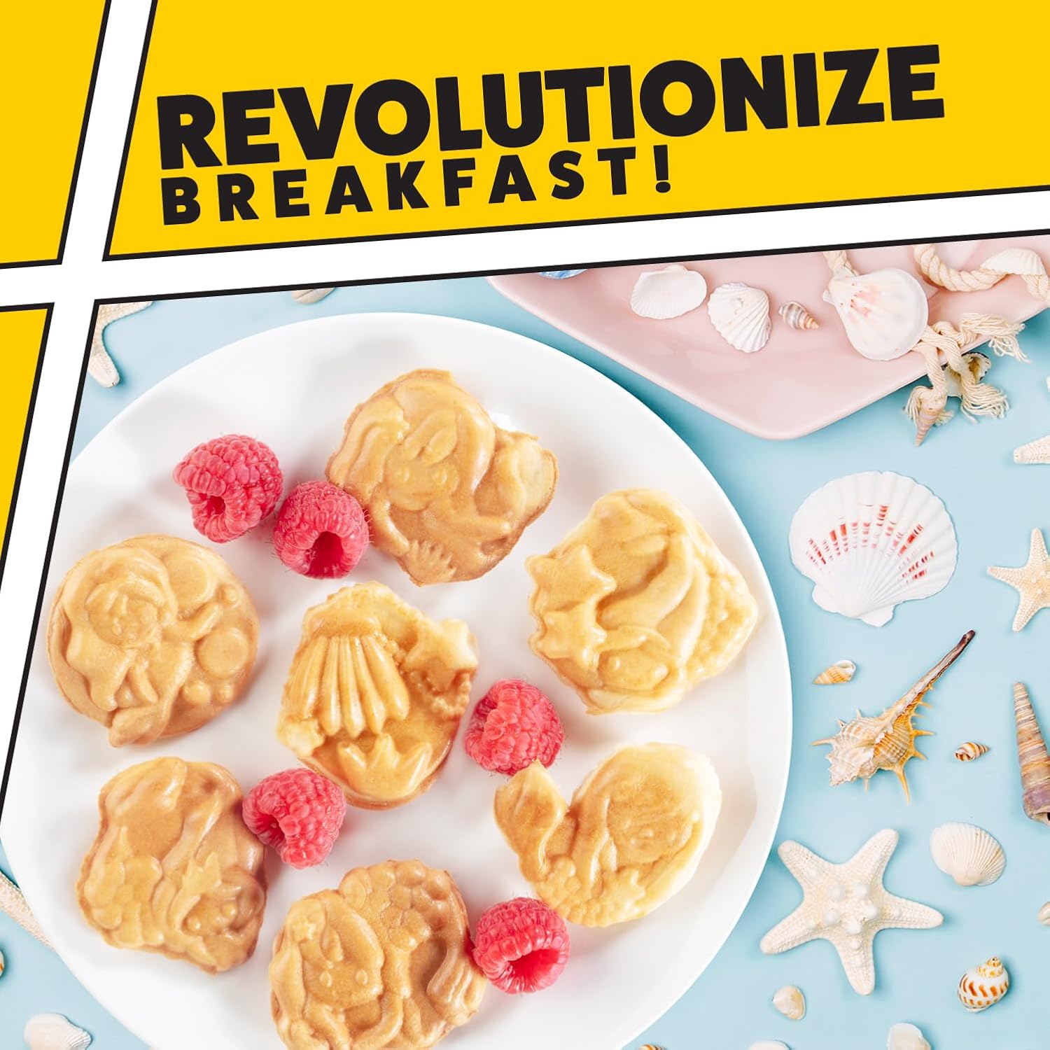 Mermaid Waffle Maker for Summer Fun Breakfast- Create 7 Different Mermaid Shaped Waffles in Minutes - Cool Under the Sea Brunch for Kids & Adults- Electric Nonstick Waffler Iron Ocean Theme w Recipes