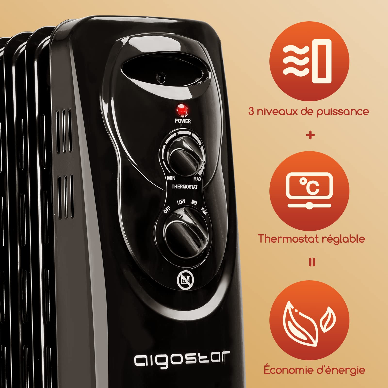 Aigostar Black Forest 33JIF – Radiateur à bain d’huile. 13 éléments, 2500 W. 3 niveaux de puissance et thermostat réglable. Design exclusif.