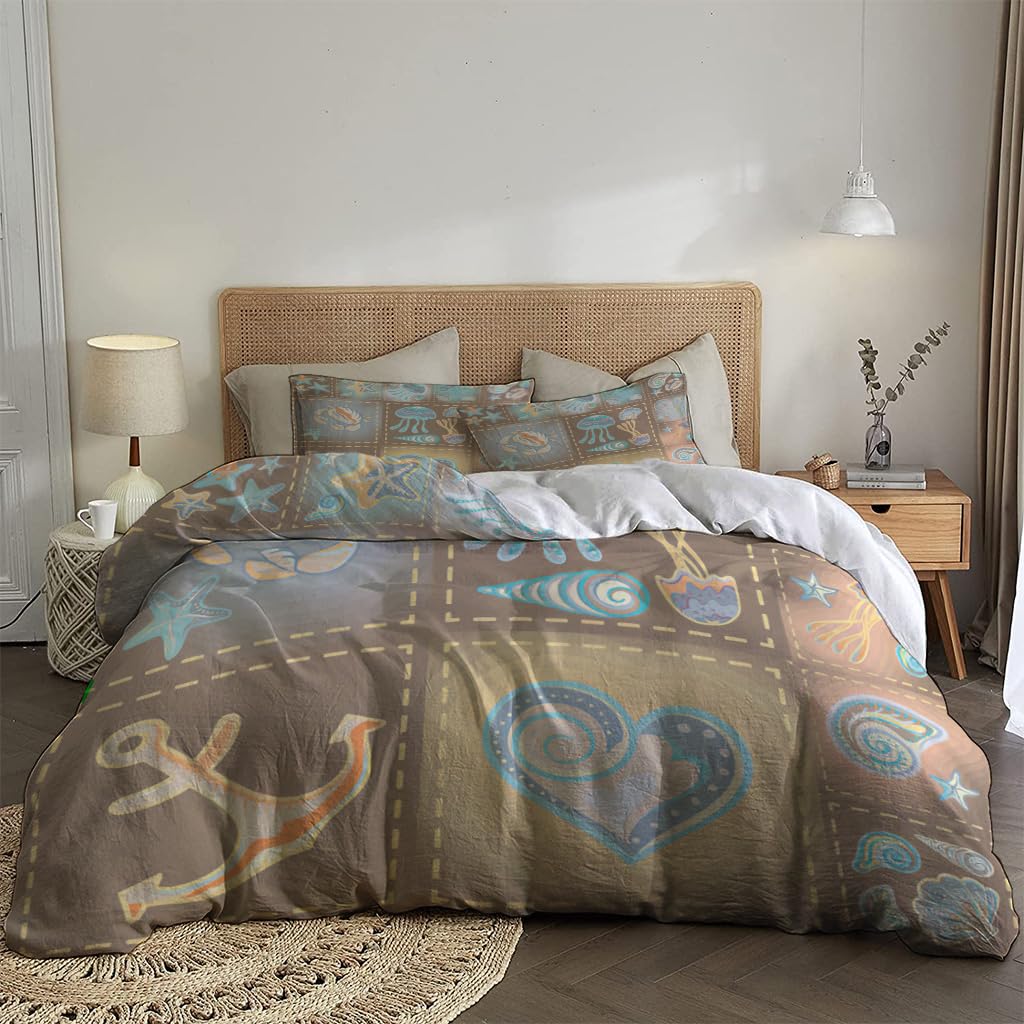 NIBAINLO 布団カバーカニの輪とアンカー、星とハートのマリンテーマ 肌に優しい ピーチスキン加工 掛け布団カバー 和式 洋式 あったか 布団カバーセット リバーシブル ホームステイ ホテル 家庭兼用