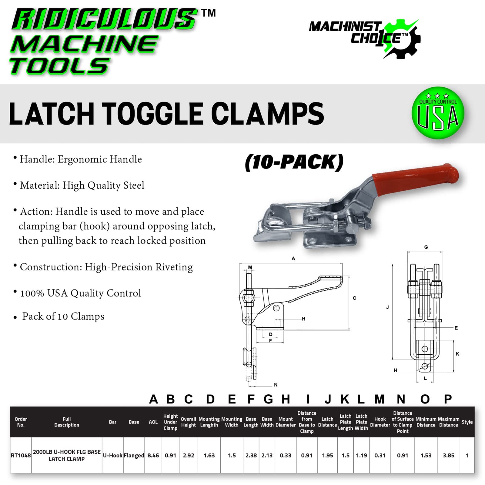 (10 Pack) 2000LB U-HOOK FLG BASE LATCH CLAMP