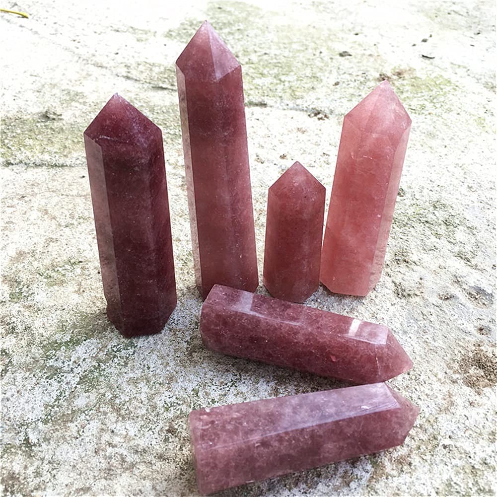 1 szt. Naturalny truskawkowy kwarc sześciokątna kolumna kryształowa kropka ozdoba obelisk dekoracja domu DIY prezent kolekcje domowe (kolor: jeden rozmiar, rozmiar: 70-80 mm)