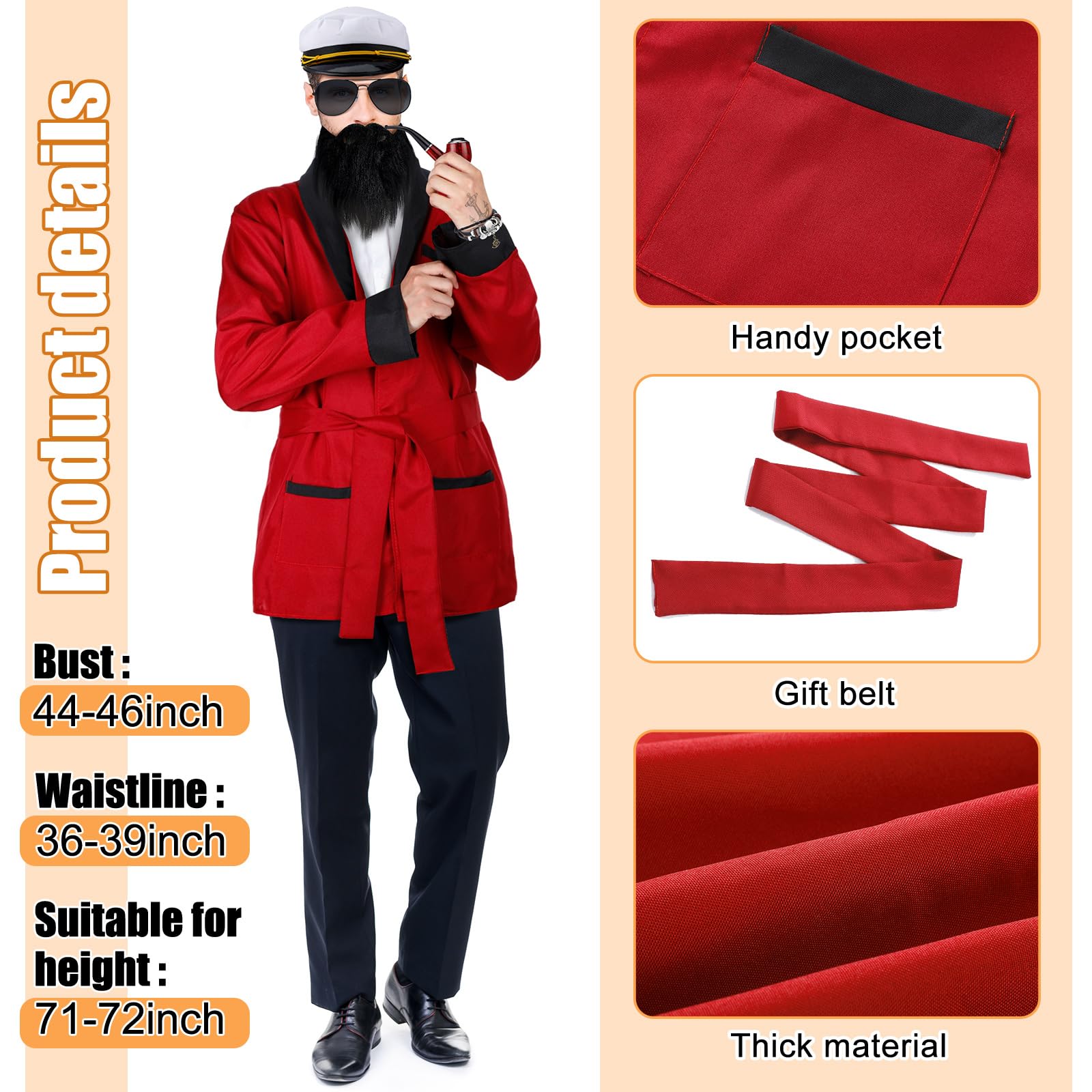 Mepase 7 Pcs Halloween Red Robe Jacket Yacht Captain Costume Set with Captain Hat Sunglass Accessories for Men Cosplay Favor