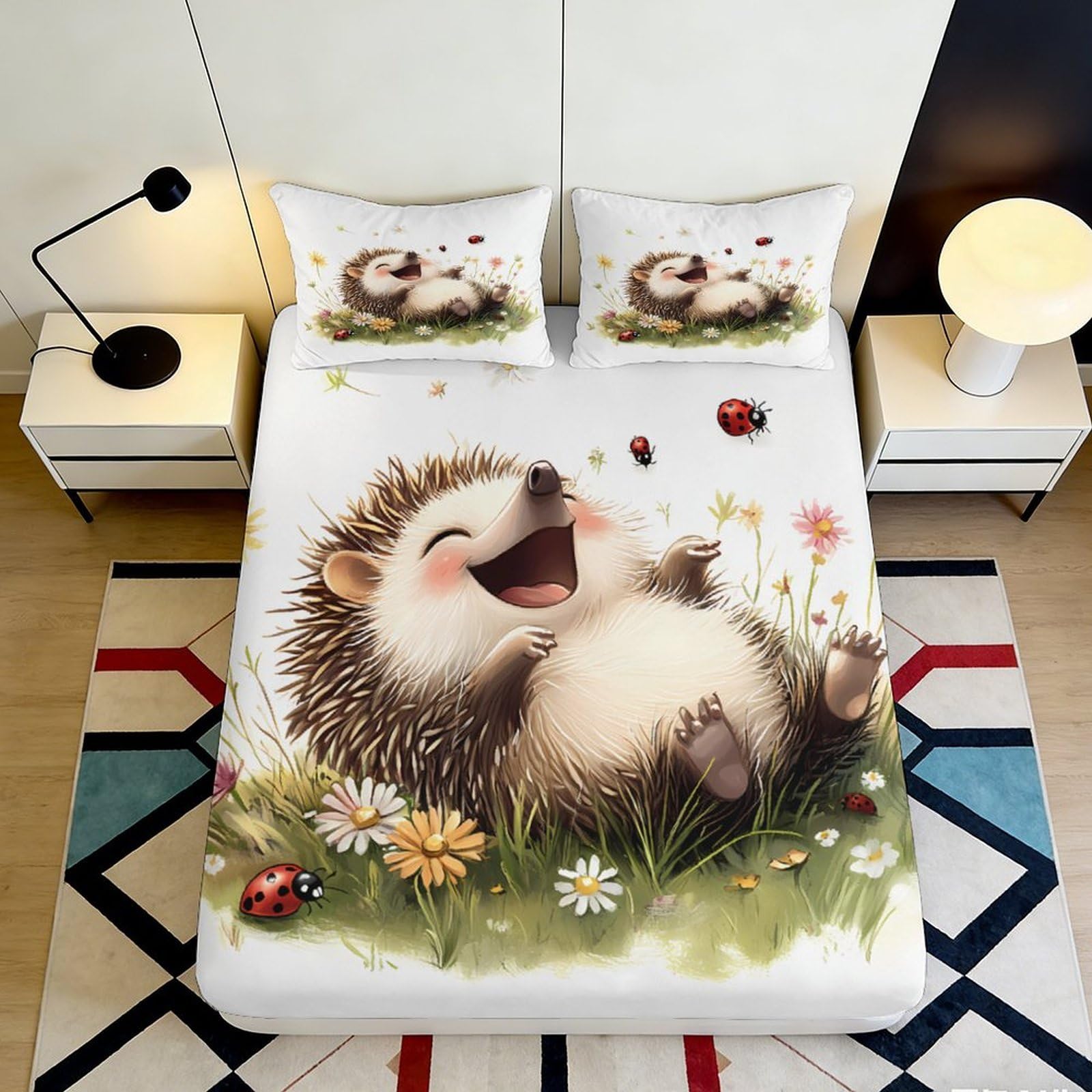 3D Printed Happy Hedgehog Fitted Sheet Microfiber Soft Breathable Ladybug Meadow Mattress Cover Bedroom Decor 90x200x25cm