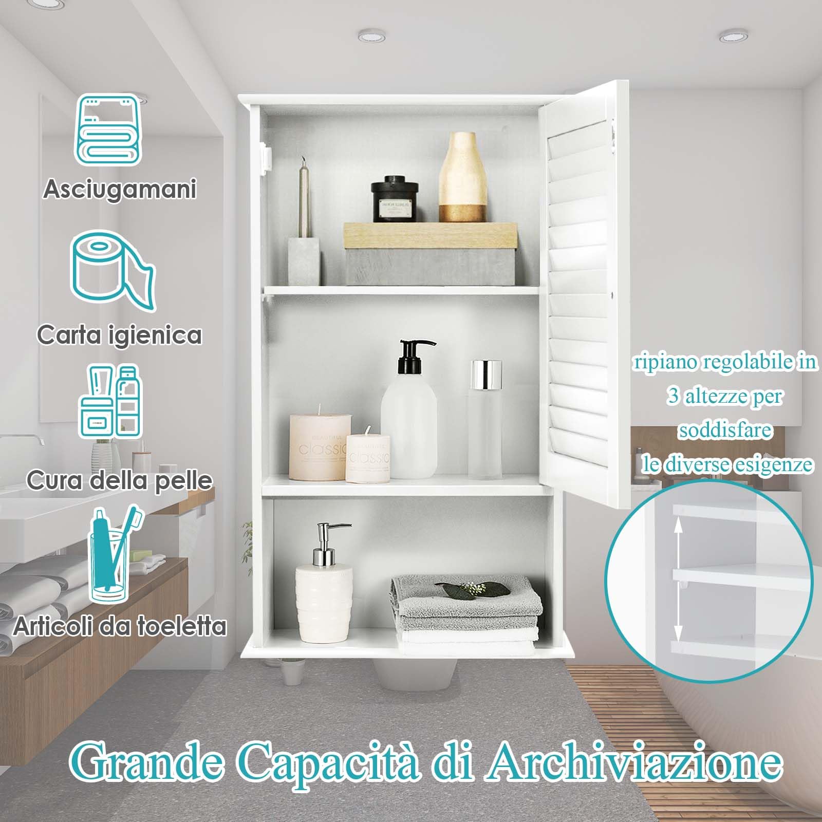 LIFEZEAL Pensile Bagno, in Legno, Mobiletto Bagno Salvaspazio, 42x17x70 cm, Pensile con Ante a Persiana e Mensola Aperta, Armadietto Sospeso con Ripiano Regolabile, Mobile da Muro per Cucina (bianco)