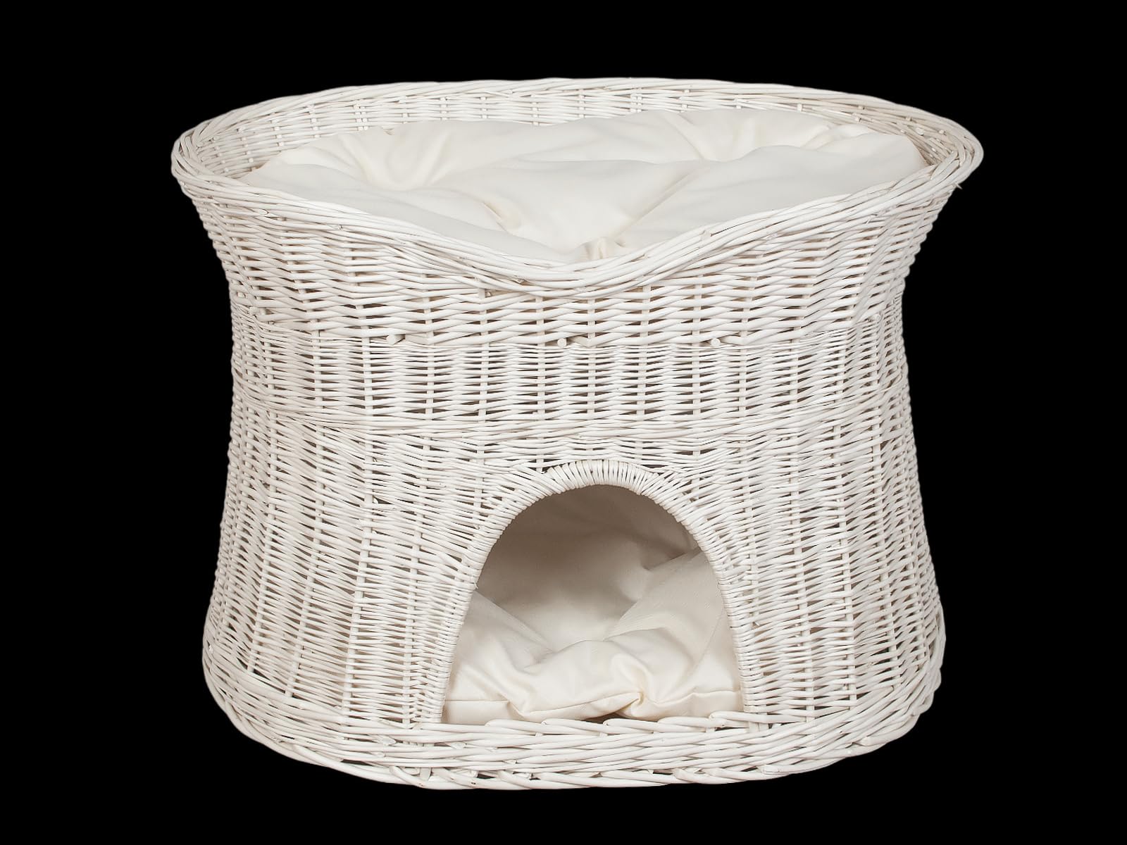 Katzenkorb zum Schlafen – Katzenhütte Indoor – Größe XL: 70 cm oval – Katzenhöhle aus Weide – Zweistöckiger Hunde – oder Katzenbett mit waschbaren Kissen in Ecru – Weiße korbfarbe
