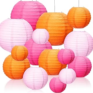 Riakrum 16 Pcs Pink and Orange Paper Lanterns Birthday Party Decorations...