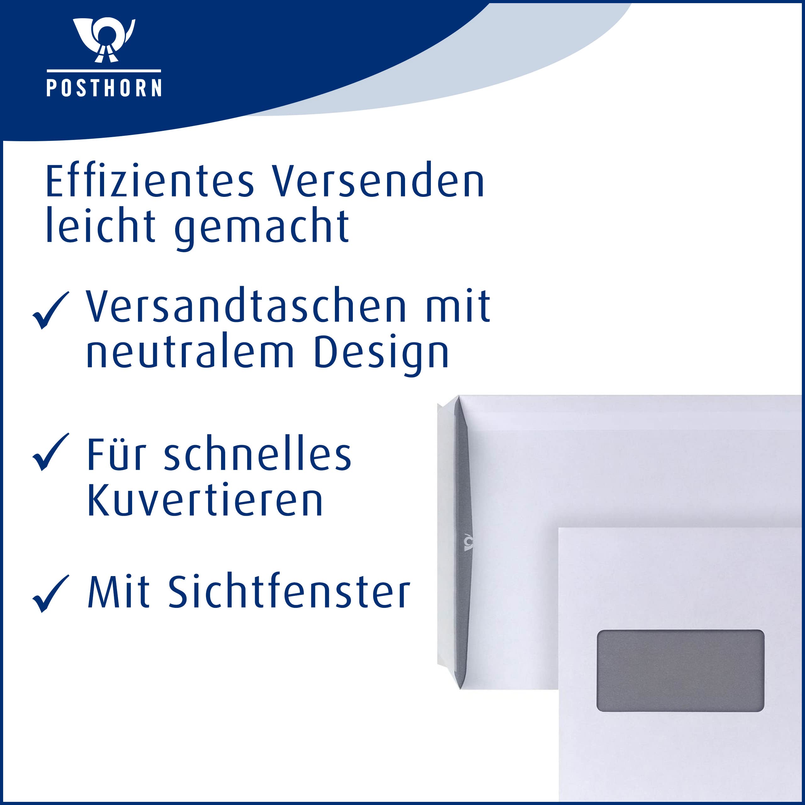 POSTHORN Versandtasche C5 (500 Stück), haftklebende Versandtaschen mit Fenster, weißer Innendruck für Sichtschutz, 229 x 162 mm, 90g/m² | Umschlag A5 mit grauem Innendruck für Sichtschutz - 229 x 162 x1 mm - 90g/m² - Weiß