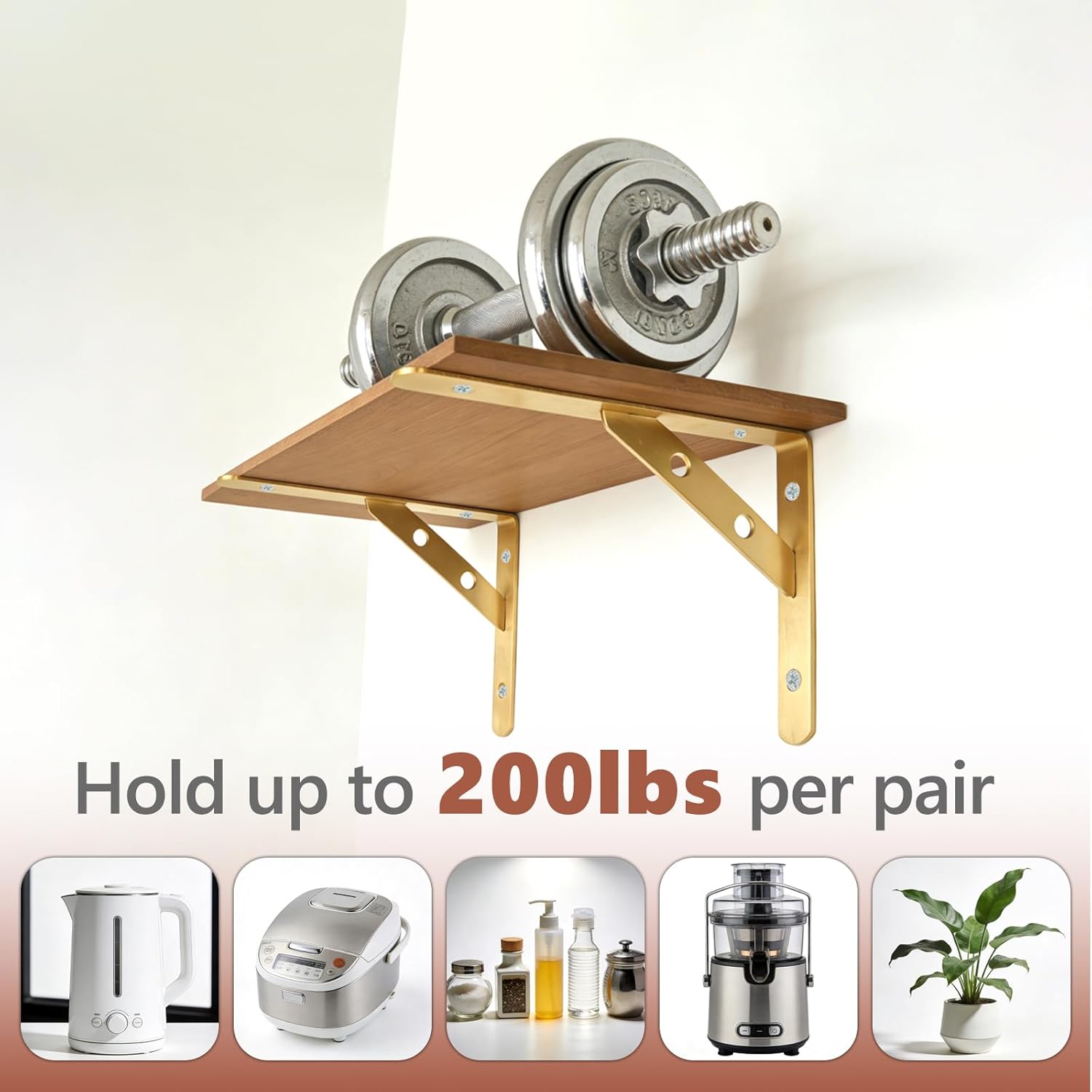 Smilecat Gold Heavy Duty Shelf Brackets, 8*5.5 Inch L Brackets for 8-10 Inch Wall Mount Shelves, Floating Shelf, 110 lb Max Load, 2 Pairs