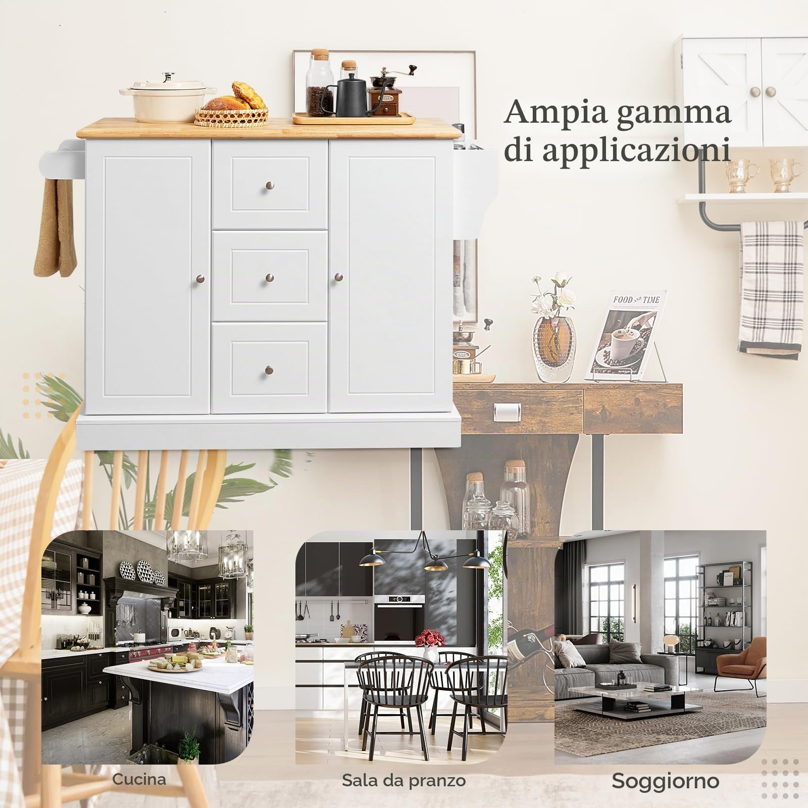 KOMFOTTEU Carrello da Cucina in Legno di Quercia con 2 Armadi e 3 Cassetti, Credenza con 5 Rotelle e Cerniere in Metallo, Isola da Cucina per Soggiorno e Sala da Pranzo
