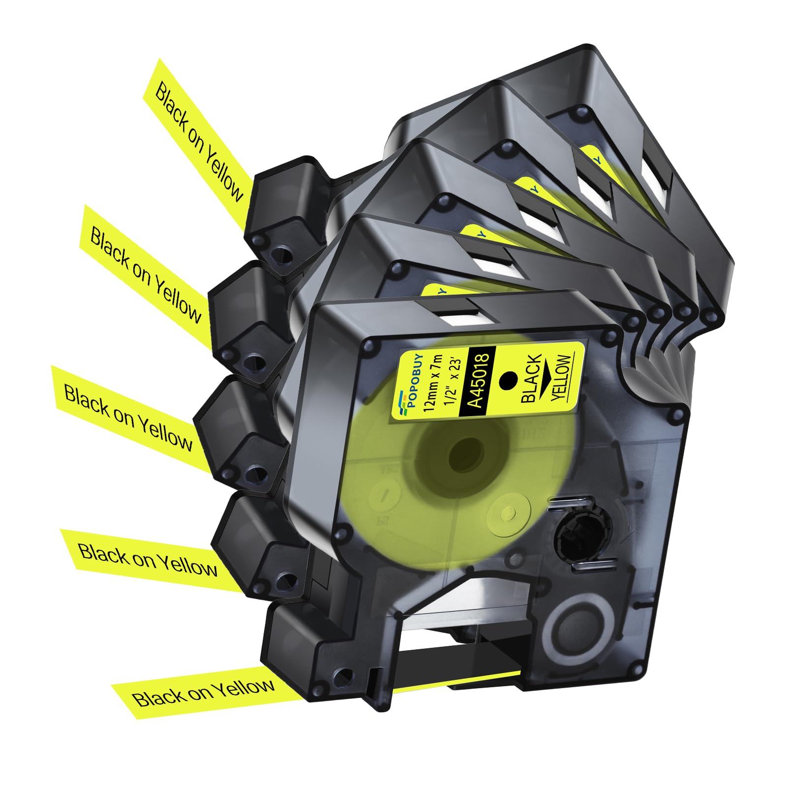 POPOBUY 5 Pack Compatible for DYMO D1 Label Maker Refills A45018 S0720580 Black on Yellow Label Tape 45018, 1/2 Inch x 23 Ft, for LabelManager 210D