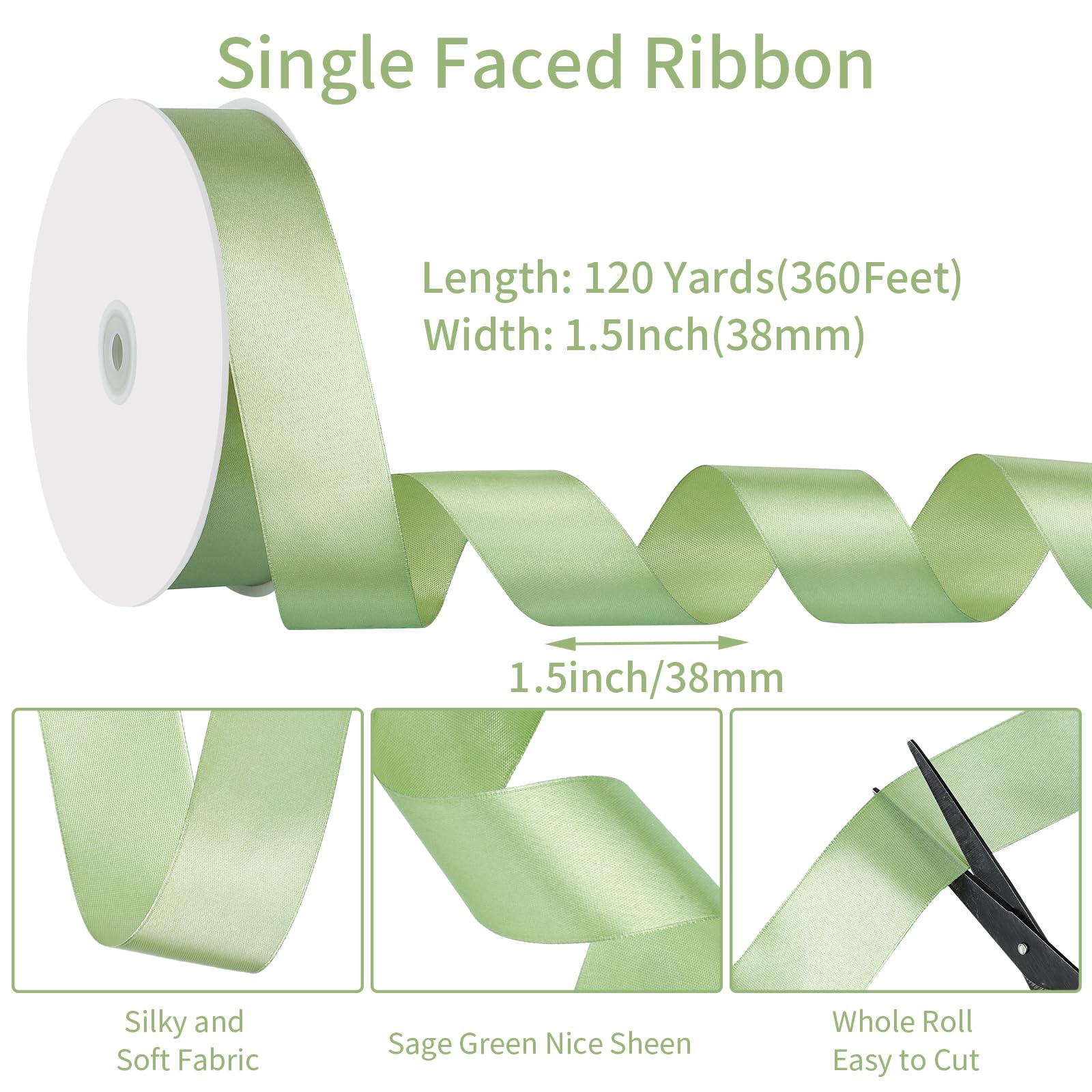 Salbeigrünes Satinband, 120 Meter, 3,8 cm, hellgrünes Band für Geschenkverpackungen, Basteln, Blumenstrauß, Party, Zuhause, Valentinstag, Dekoration