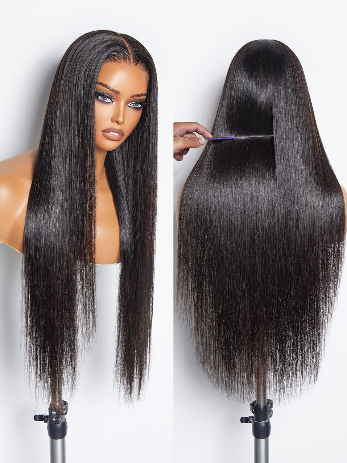 24 Inch Straight 13X6 HD Lace Frontal Human Hair Wig For Black Women,180% Density 13x6 HD Transparent Invisible Lace Front Wigs Human Hair Pre-Plucked Deep Part Silky Straight Natural Color - Image 4