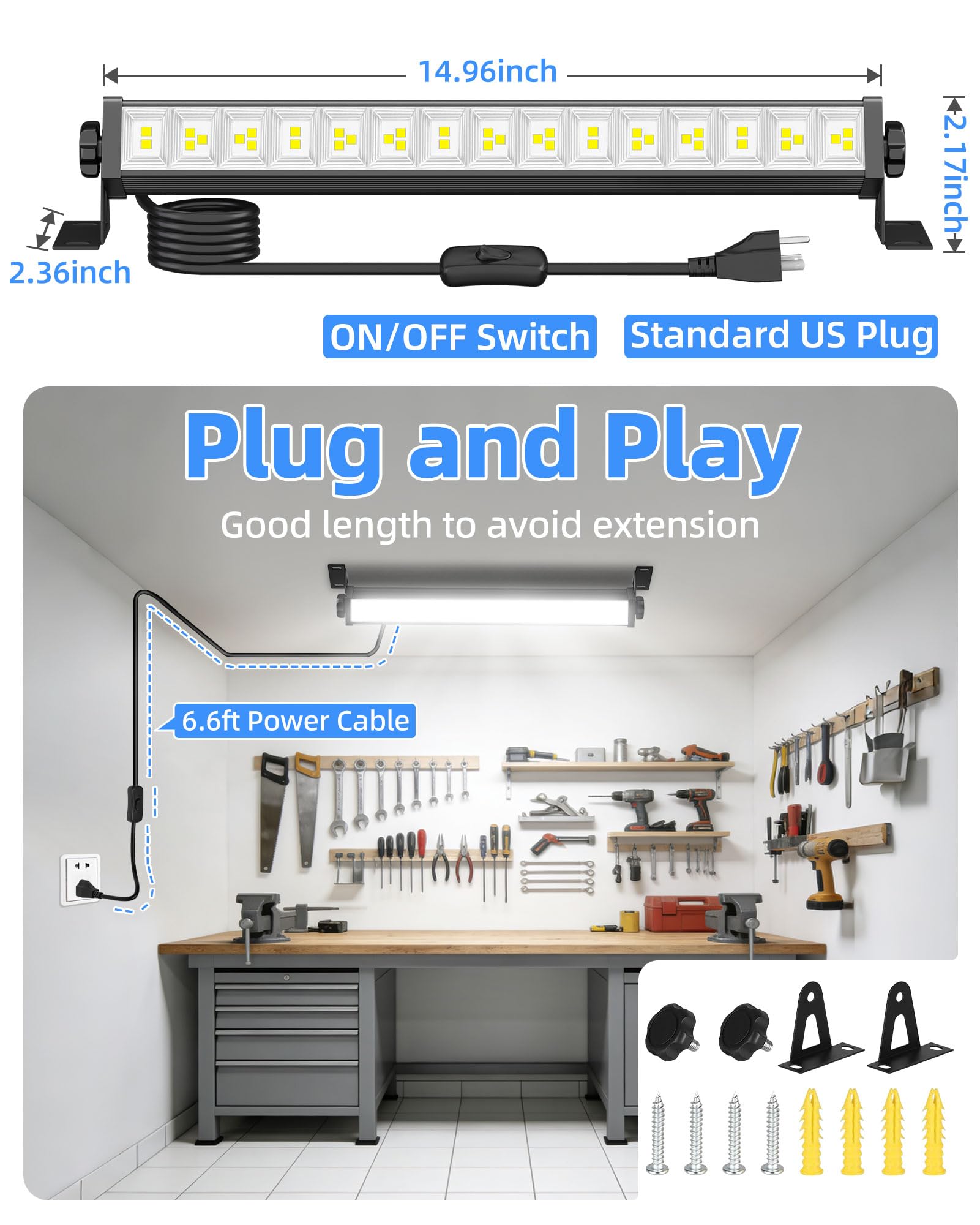 40W LED Shop Light 5400LM Brighter Plug in Garage Light with On Off Switch 6 6FT Cord 6000K — view 5