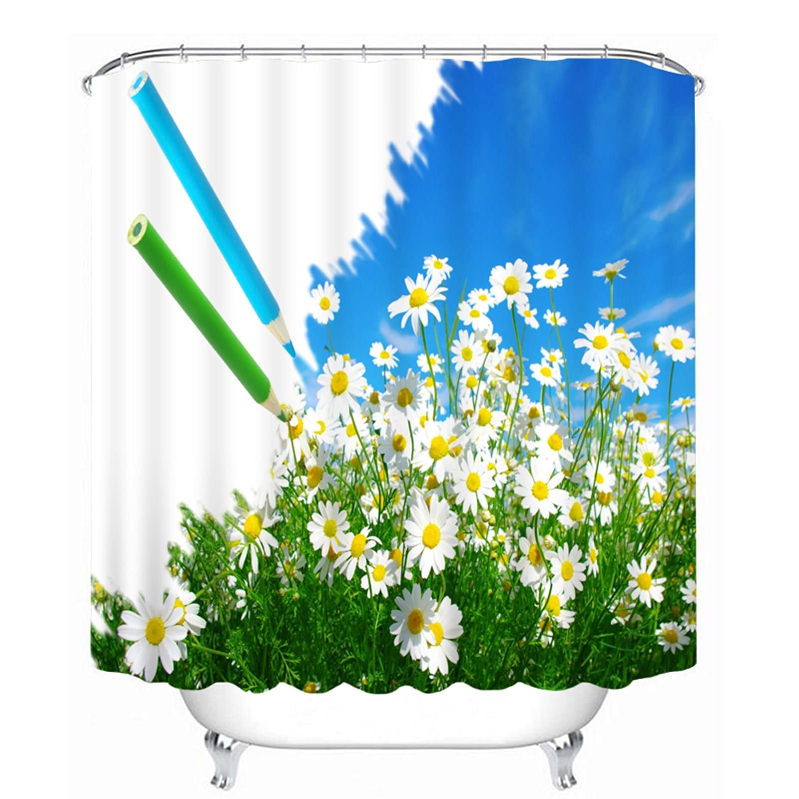 Rideau de douche camomille bleu pour salle de bain KnSam