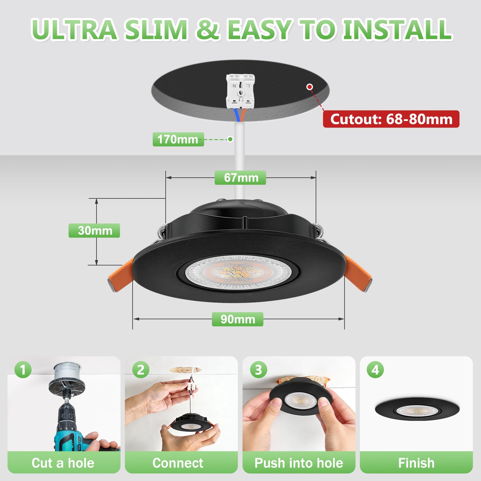 YindaLux Foco LED empotrable 230V Regulable 5W IP44 Ultrafino, Corte 68-80 mm, 3000K/4000K/6000K, Orientable 45°, Focos de techo para Baño Cocina Negro, Pack de 6