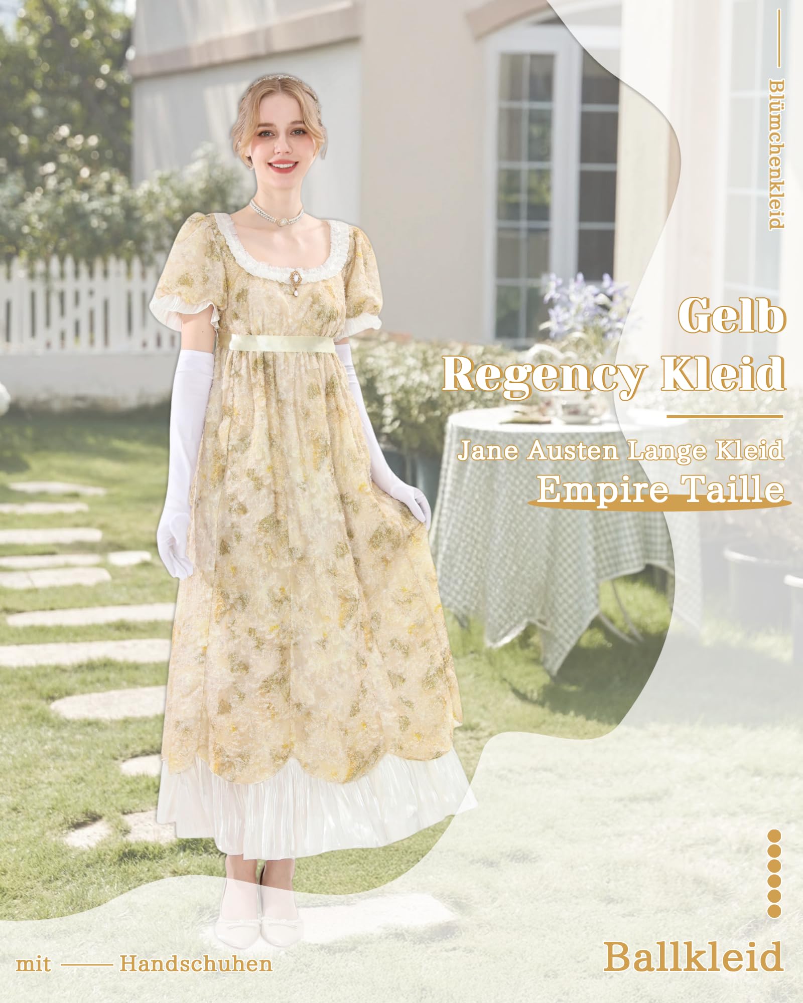 Vestido de mujer Regency amarillo vestido victoriano Jane Austen largo vintage vestido imperio de baile con guantes cintura imperio