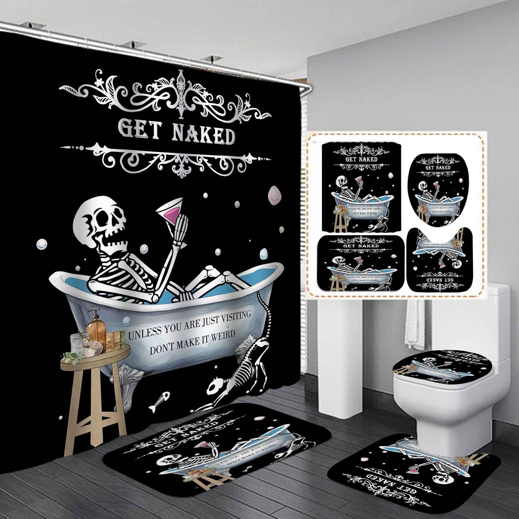 Camille&Andrew 4PCS Funny Skull Shower Curtain Set, Halloween Cat Skeleton Kitten Kitty Gothic Goth Get Naked Bathroom Decor, Waterproof Fabric Black