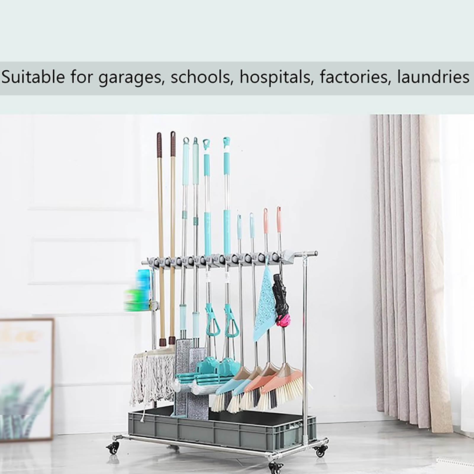 Soporte móvil para fregonas y escobas de acero inoxidable, práctico soporte para fregonas y escobas de acero inoxidable, soporte de herramientas de limpieza y organización (110 cm)
