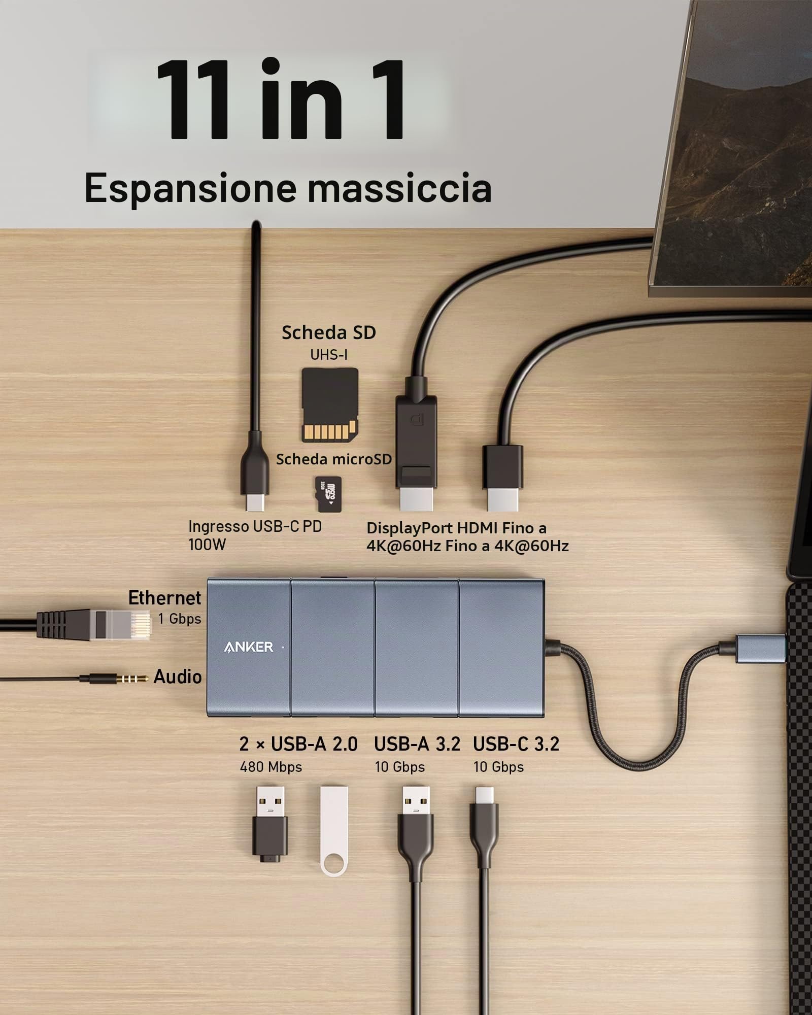 Anker Innovations A83880a1 Hub Di Interfaccia Usb TipO-C 10000 Mbit/s Grigio (anker 565 11-Port UsB-C Hub Extern Gra)