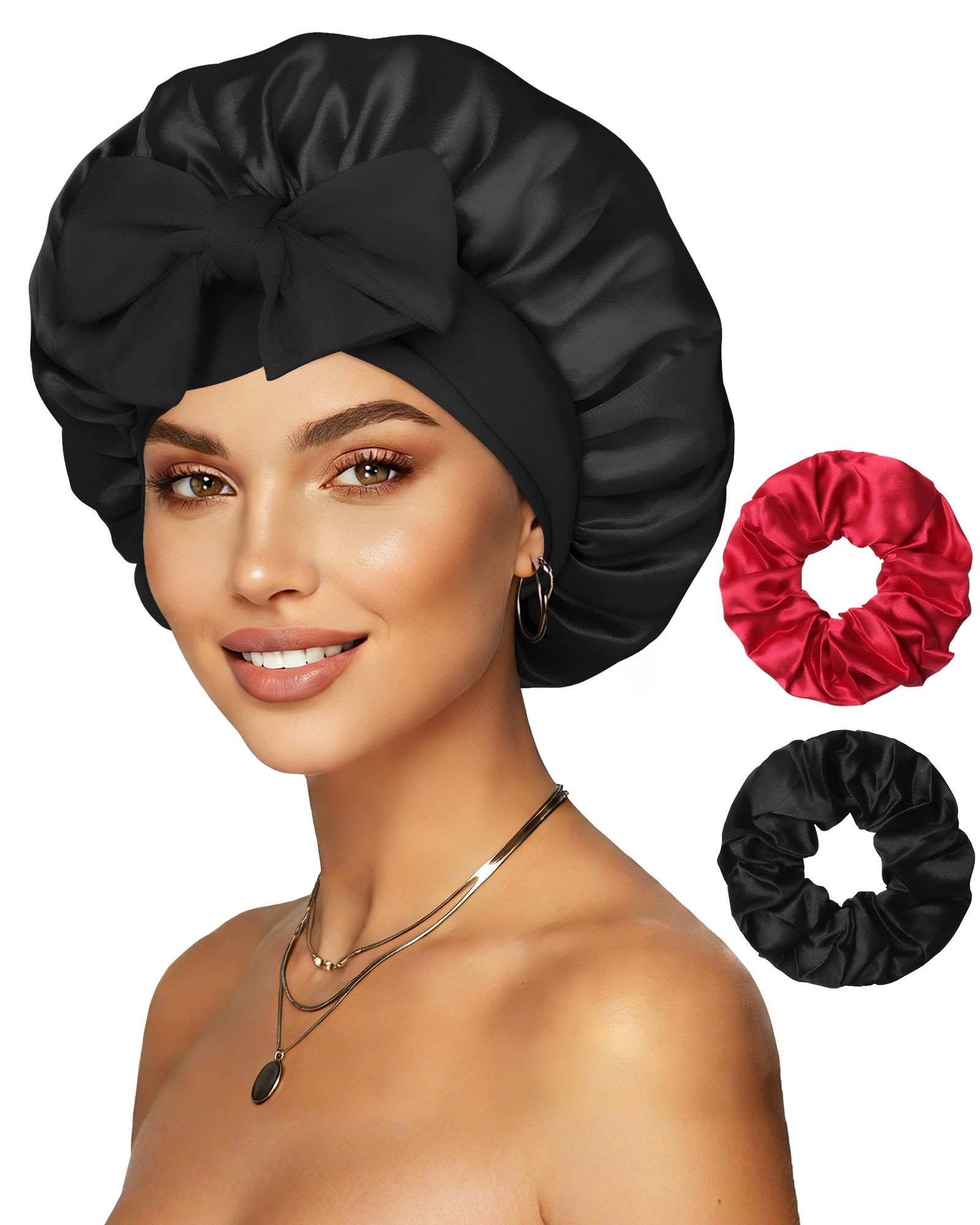 Reversible Satin Bonnet for Sleeping Women Double Layer Hair Bonnet with 2PCS Hair Scrunchies Elastic Tie Band Night Cap