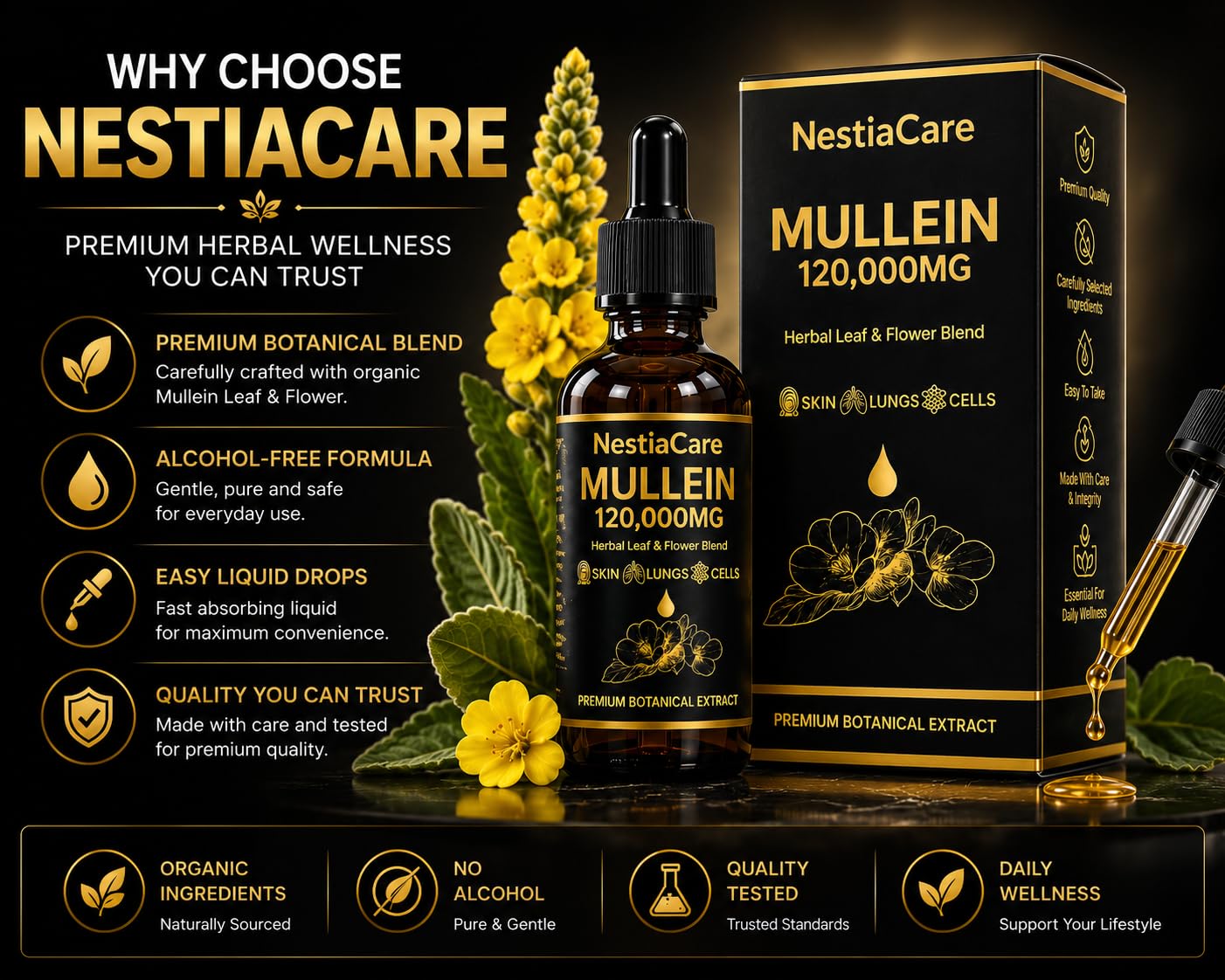 Mullein Drops for Lungs | Mullein Leaf Extract | Alcohol-Free Herbal Liquid | Lung Cleanse | 1200mg | 2 Fl Oz — Amazon image 3
