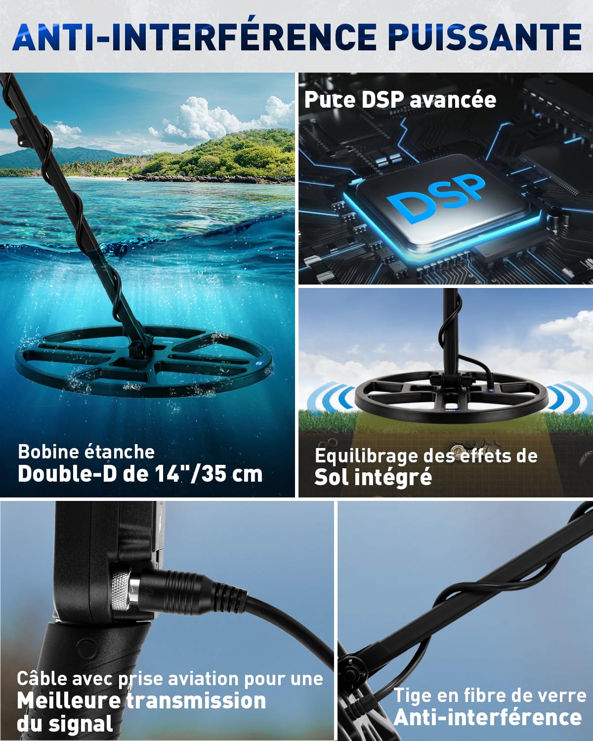 Hazlewolke Détecteur de Métaux Professionnel, Bobine de Recherche DD étanche 14'', Détecteur de Métaux avec Mode de localisation, Profondeur de Recherche de 33 cm, 4 Modes