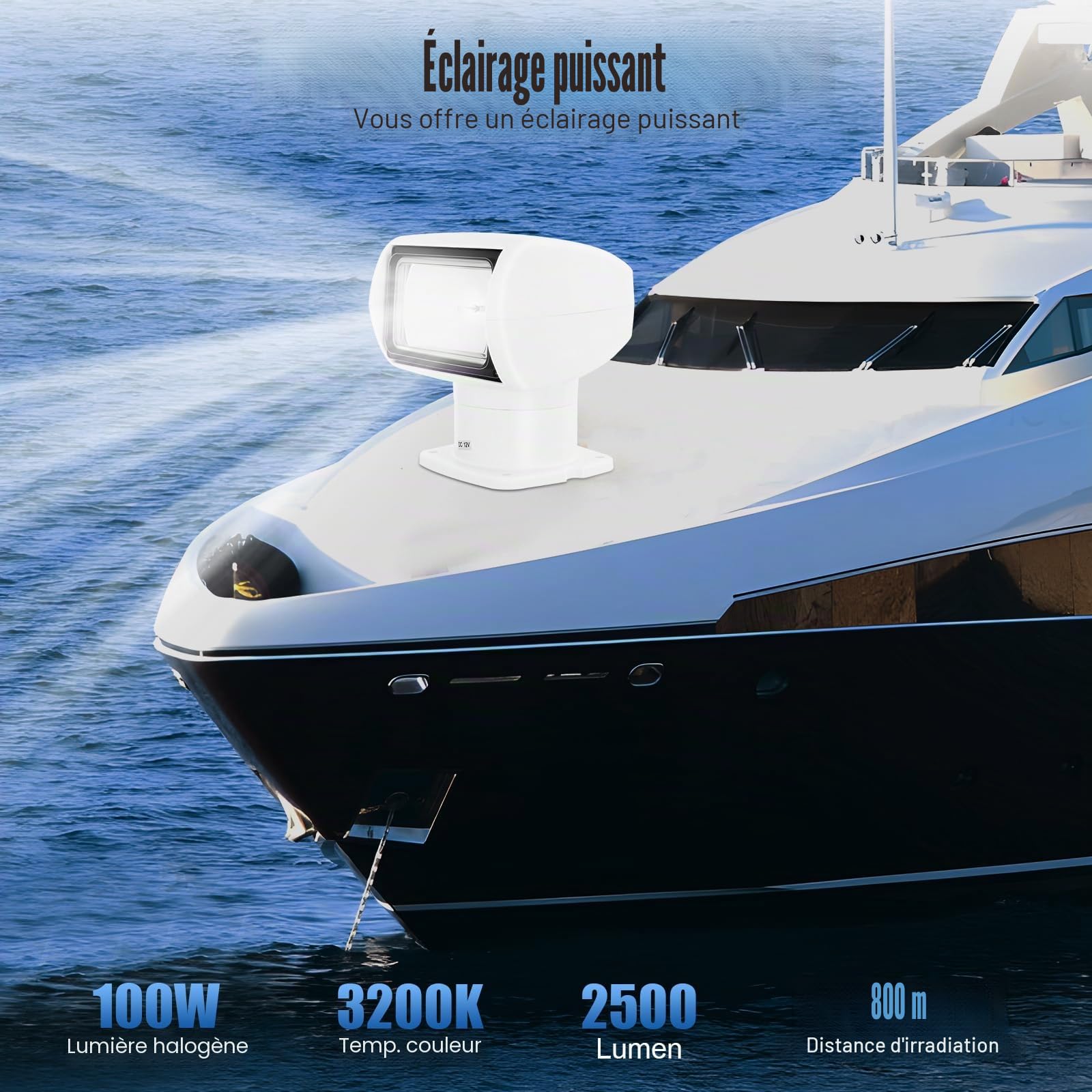 Projecteur de Recherche Pour Bateau Rechargeable - Télécommande - Super Lumineux 2500 Lumens - Grande Capacité - Durable - Léger