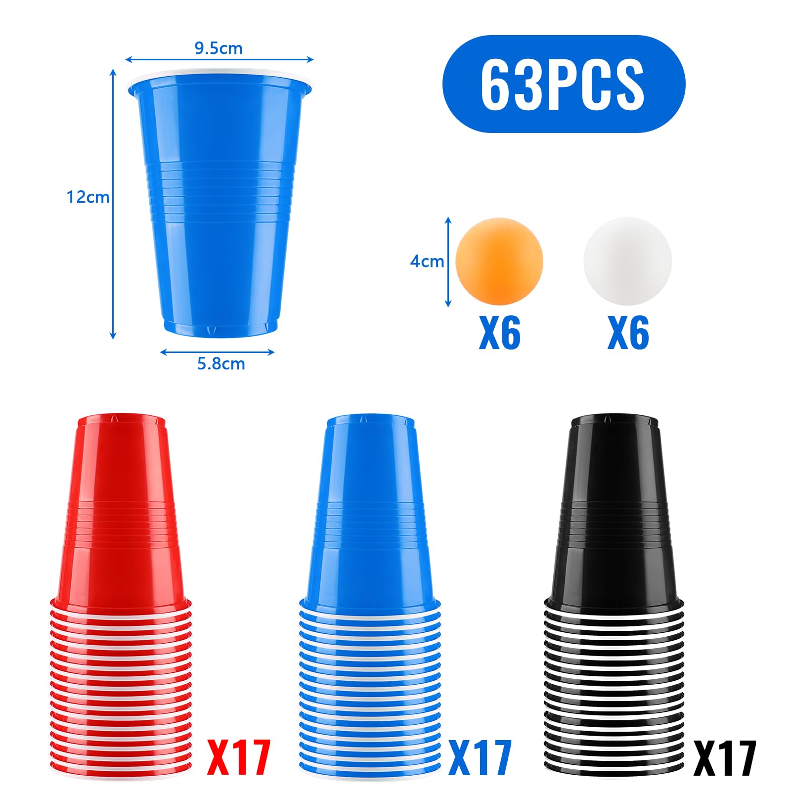 Sprifityy Beer Pong,51 Pezzi 500ml Bicchieri Beer Pong e 12 Pezzi Palline da P ing Pong,Bicchieri di plastica riutilizzabili,per Giochi di bevute, Feste, Compleanni, Matrimoni, Campeggio