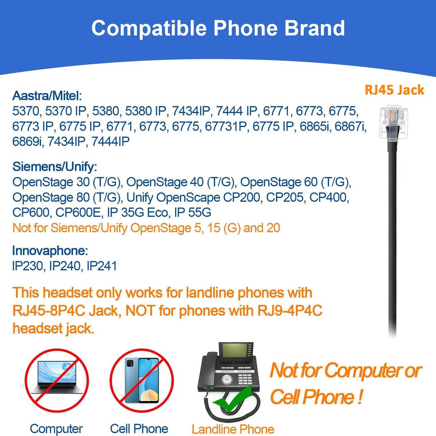 Callez RJ45 Telefon Headset mit Mikrofon Noise Cancelling, Quick Disconnect Phone Headset Kompatibel mit Siemens Unify OpenStage 30 40 60 80 CP205 Kompatibel mit Mitel/Aastra 6865i 6867i 5370