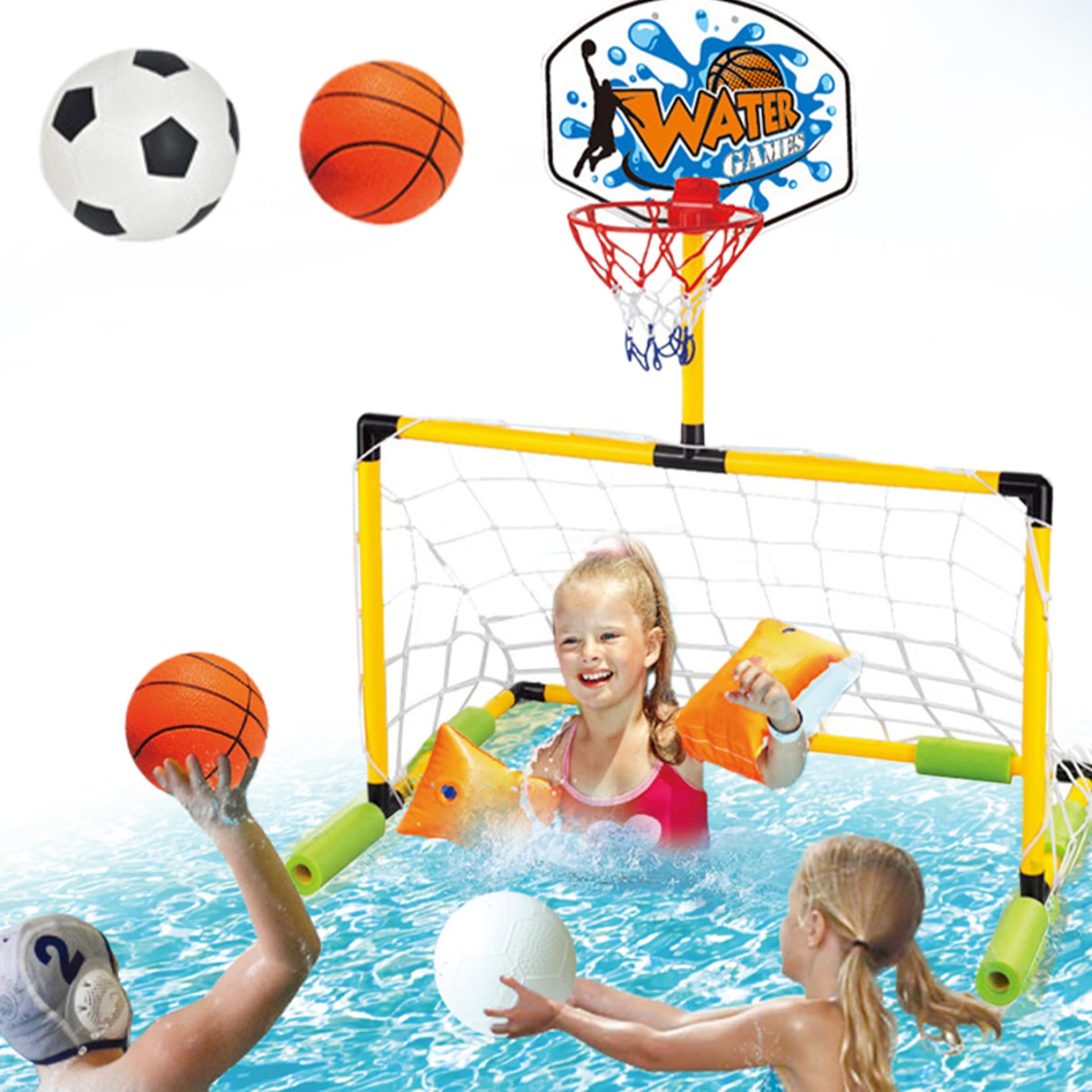 Cerceau de Basket-Ball Flottant pour Piscine, But de Football 2 en 1 ＆ Cerceau Basket-Ball Piscine, But détachable avec 2 balles pour Enfants et Adultes