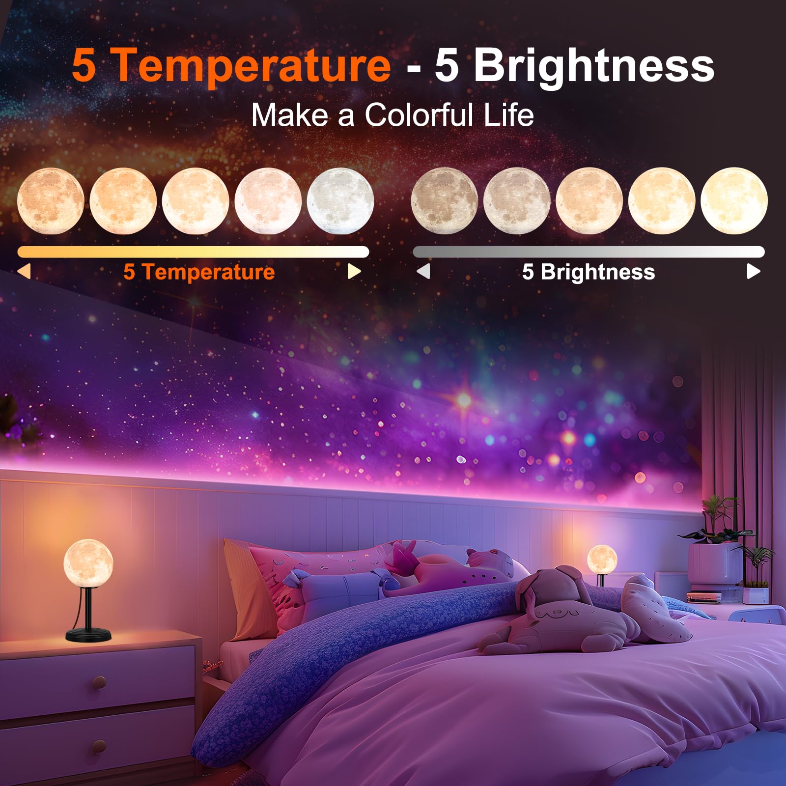 Kangtaixin 3D Luna Lampada con Supporto, Lampada da Tavolo Lunare 3 Temperature di Colore, Cavo USB, Lampada Lunare Luce Notturna per Camera da Letto, Regali per Fidanzata, Donne, Ragazze, Bambini