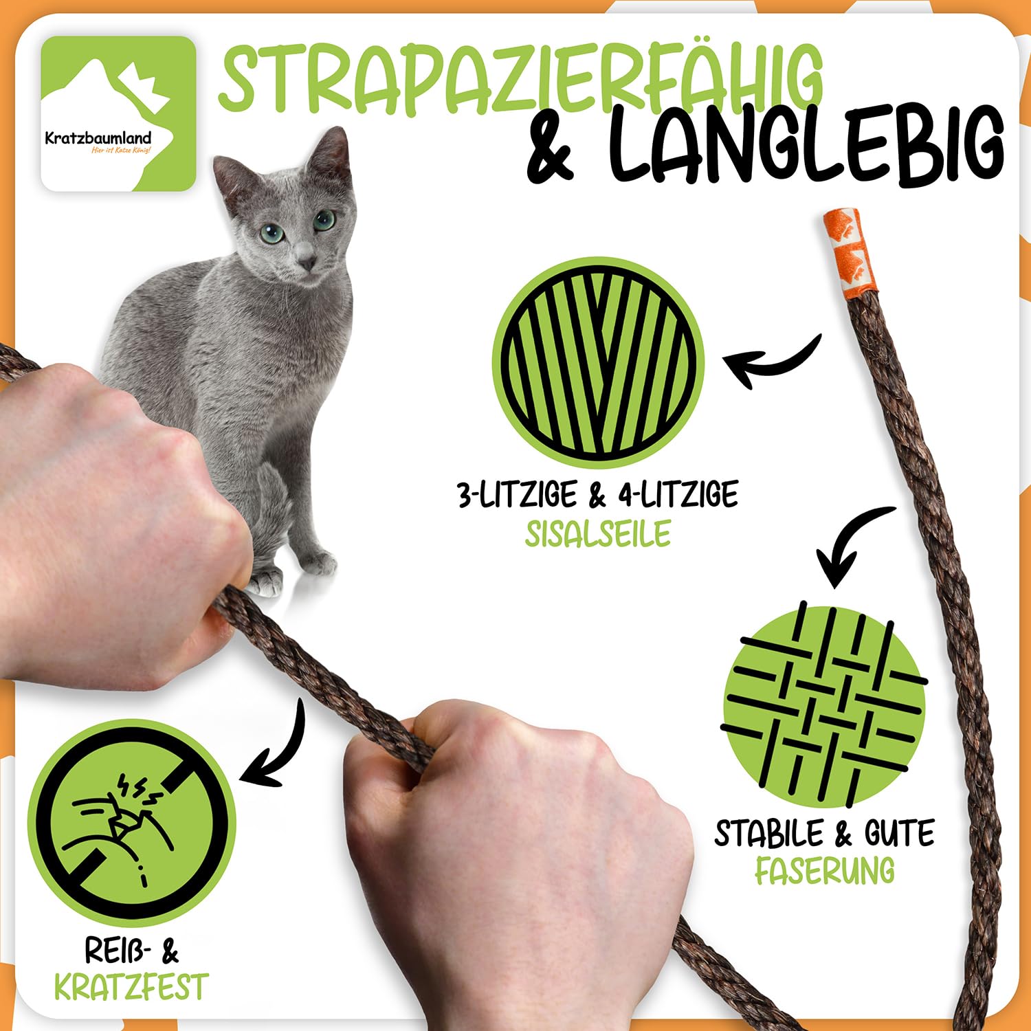 Kratzbaumland Premium-Sisalseil braun 8 mm, braunes Sisalseil für Kratzbäume (versch. Längen) (100 Meter)