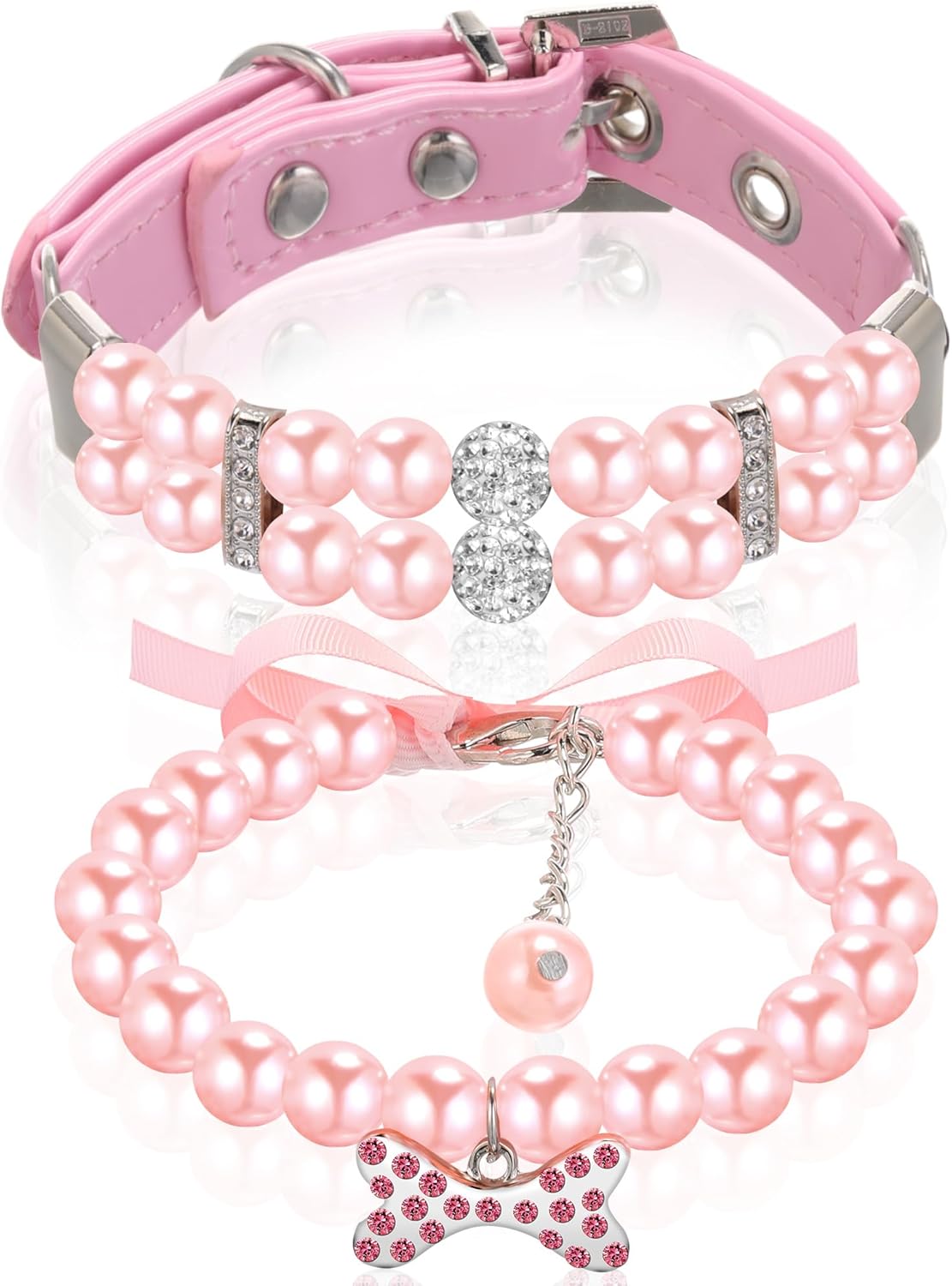 Hicarer 2 Pcs Small Dog Cat Pearl Collars and Pearl Necklace Set Cute Pet PU Leather Collars Necklace with Crystal Rhinestone for Dogs Cats Puppy Kitten Party Wedding Birthday