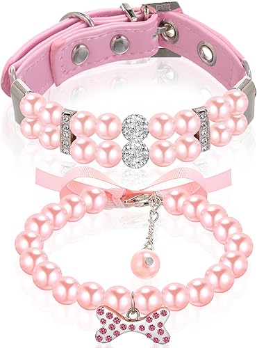 Hicarer Juego de 2 collares de perlas y collar de perlas para perros pequeños y gatos, lindos collares de piel sintética para mascotas, collar con