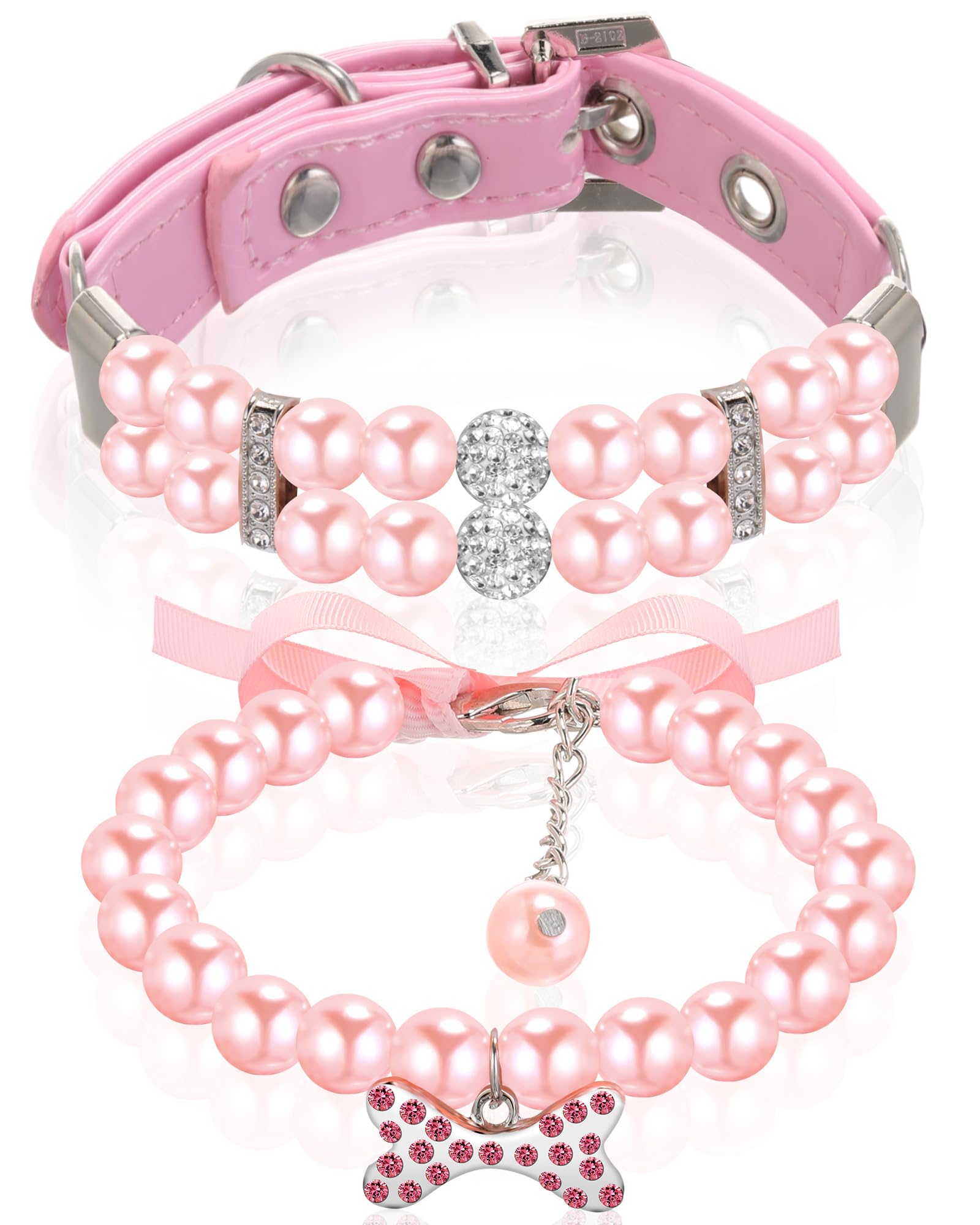 Hicarer 2 Pcs Pet Dog Pearl Collar and Necklace Set, Pink, S | PU Leather Collars, Crystal Rhinestone, Dogs and Cats, Party Wedding Birthday, Cute Pet Accessory, Photo Prop